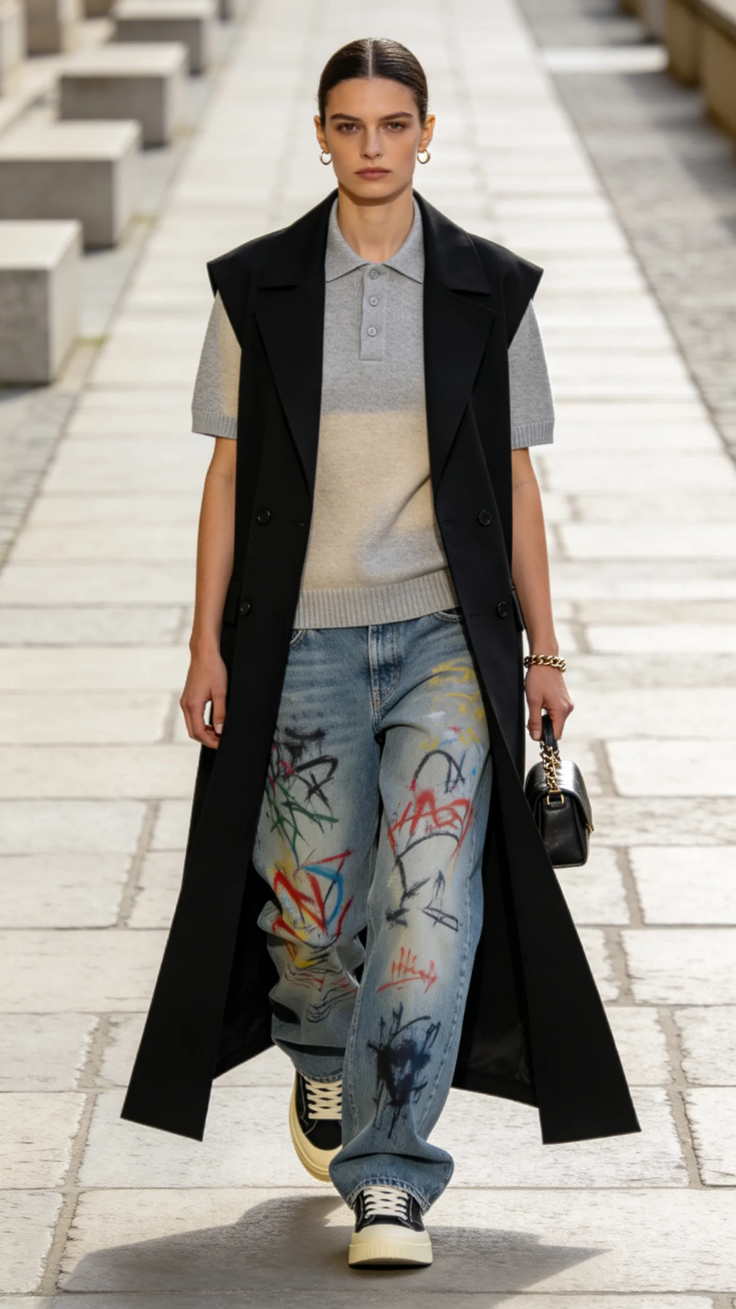 24. Neutral Knit Polo, Trench Vest, and Retro Trainers