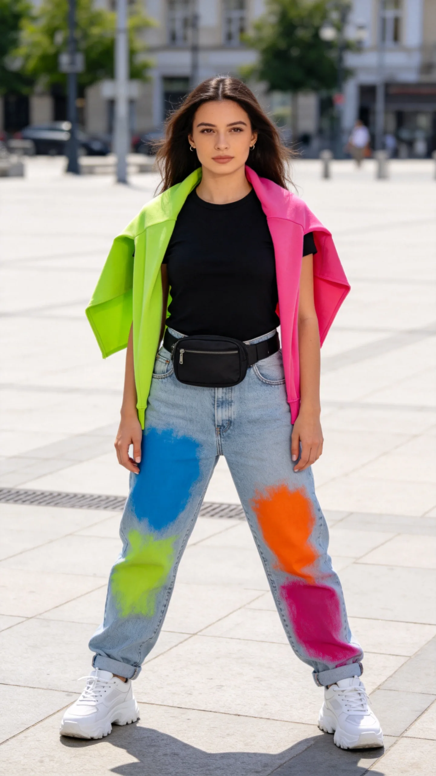 25. Black Tee, Bright Windbreaker, and Chunky White Sneakers