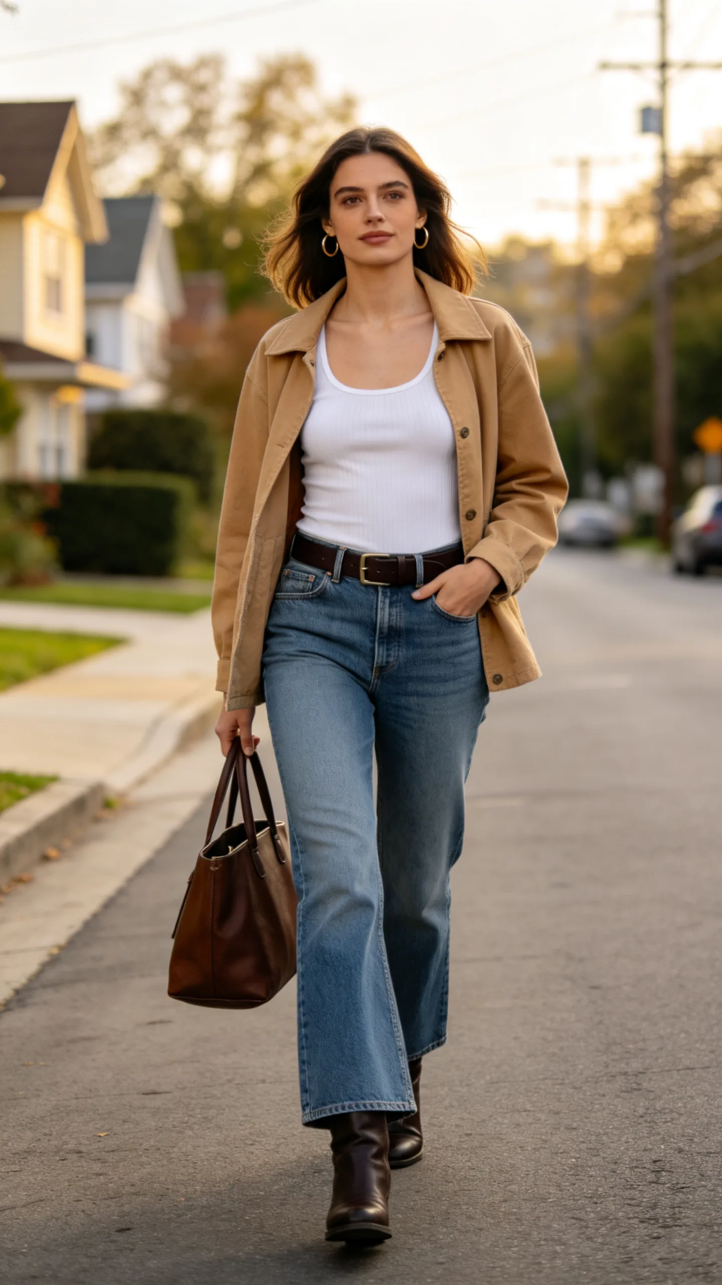 25. Classic Bootcut Jeans With a White Tank and Camel Shacket