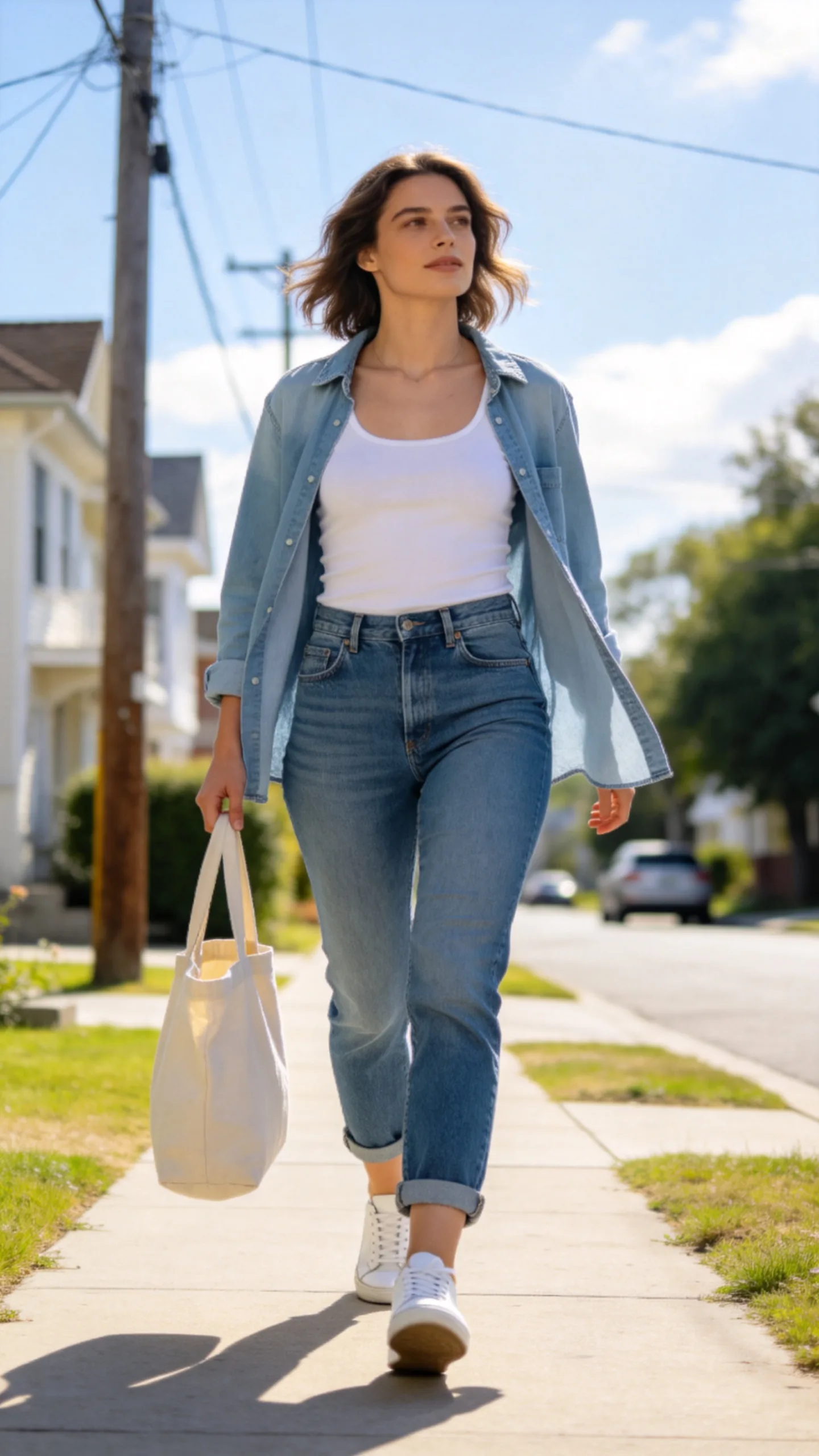 5. Denim Shirt and White Sneakers