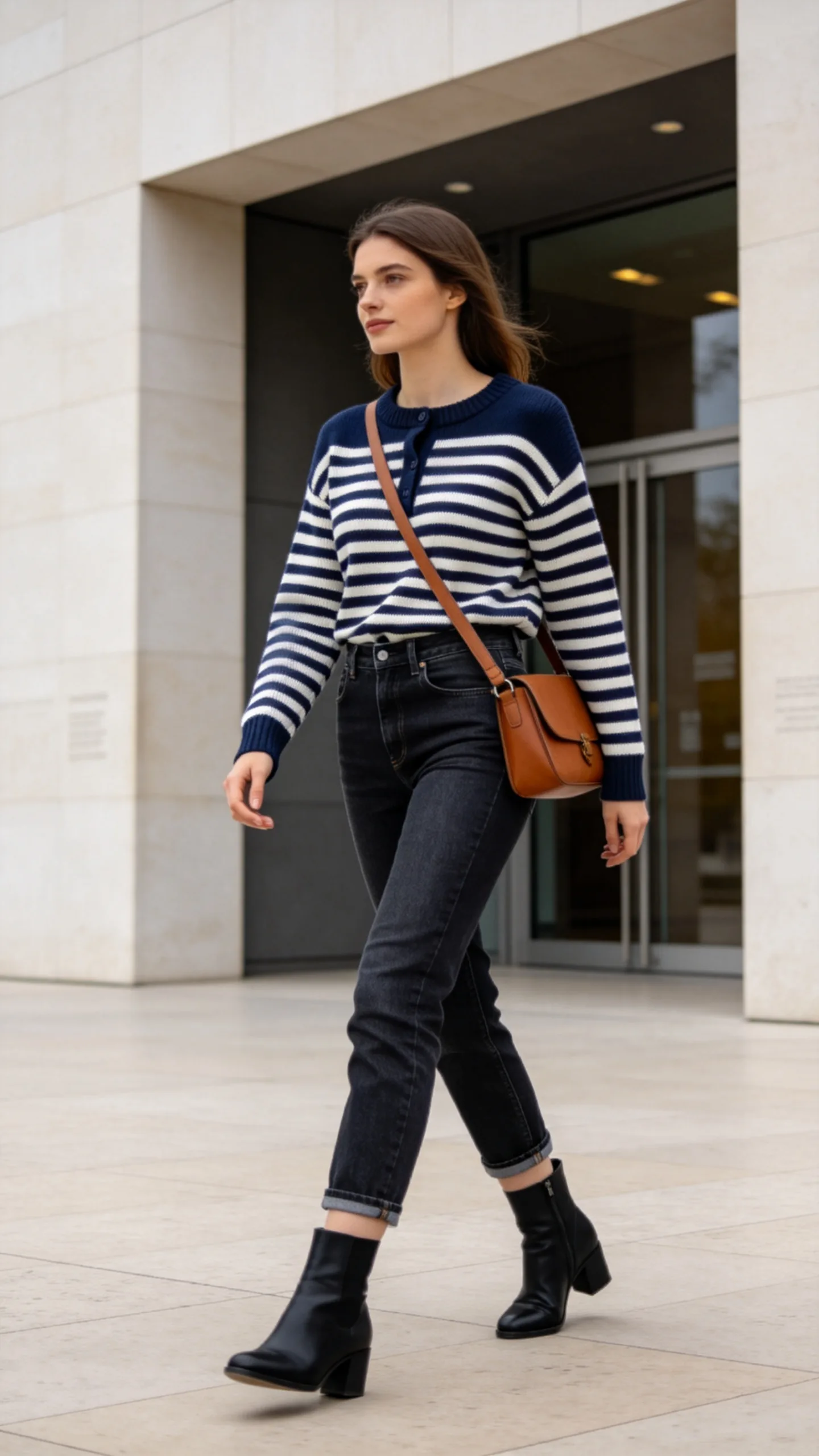 3. Striped Sweater and Ankle Boots