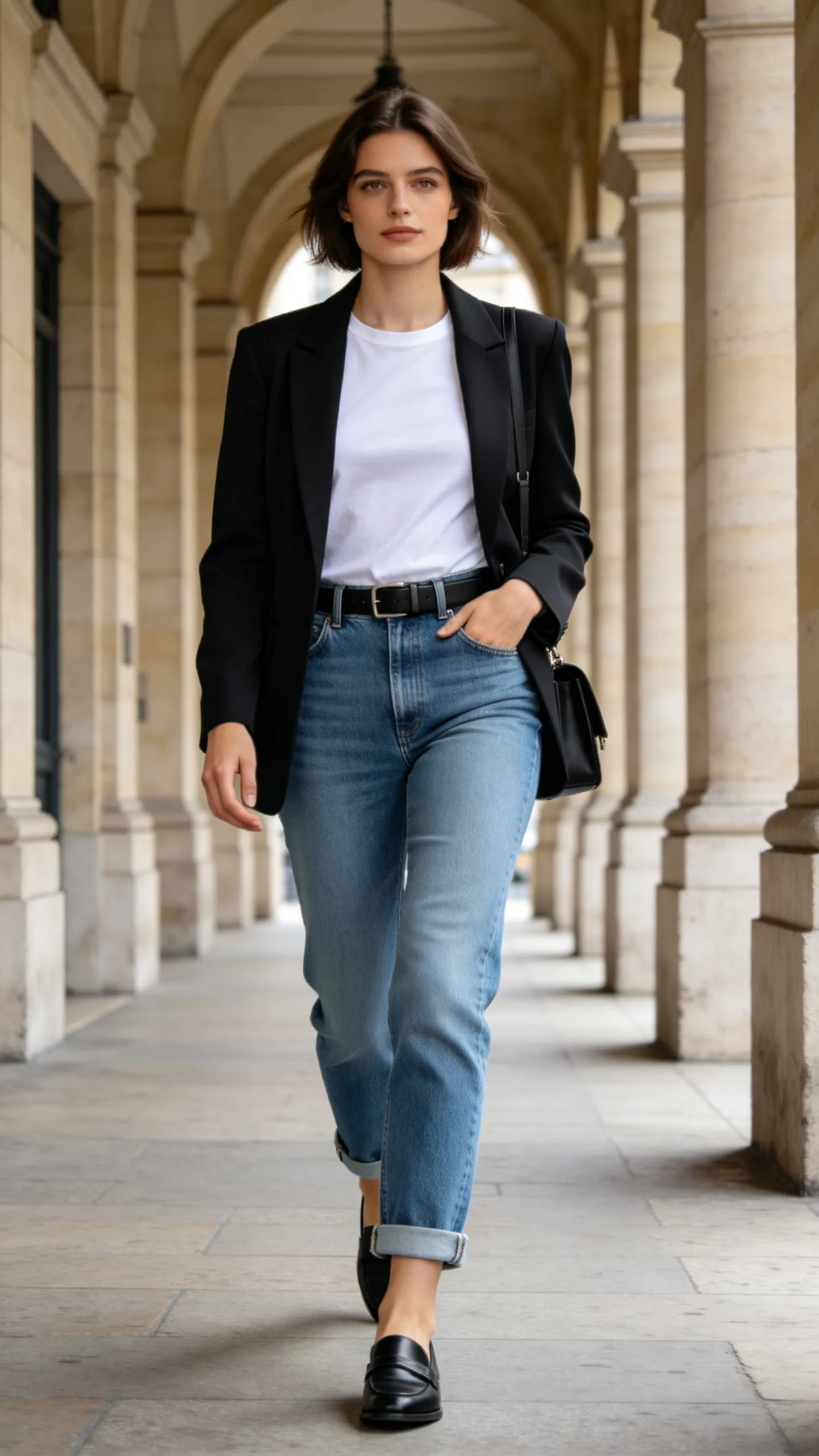 1. White T-Shirt, Black Blazer, and Loafers