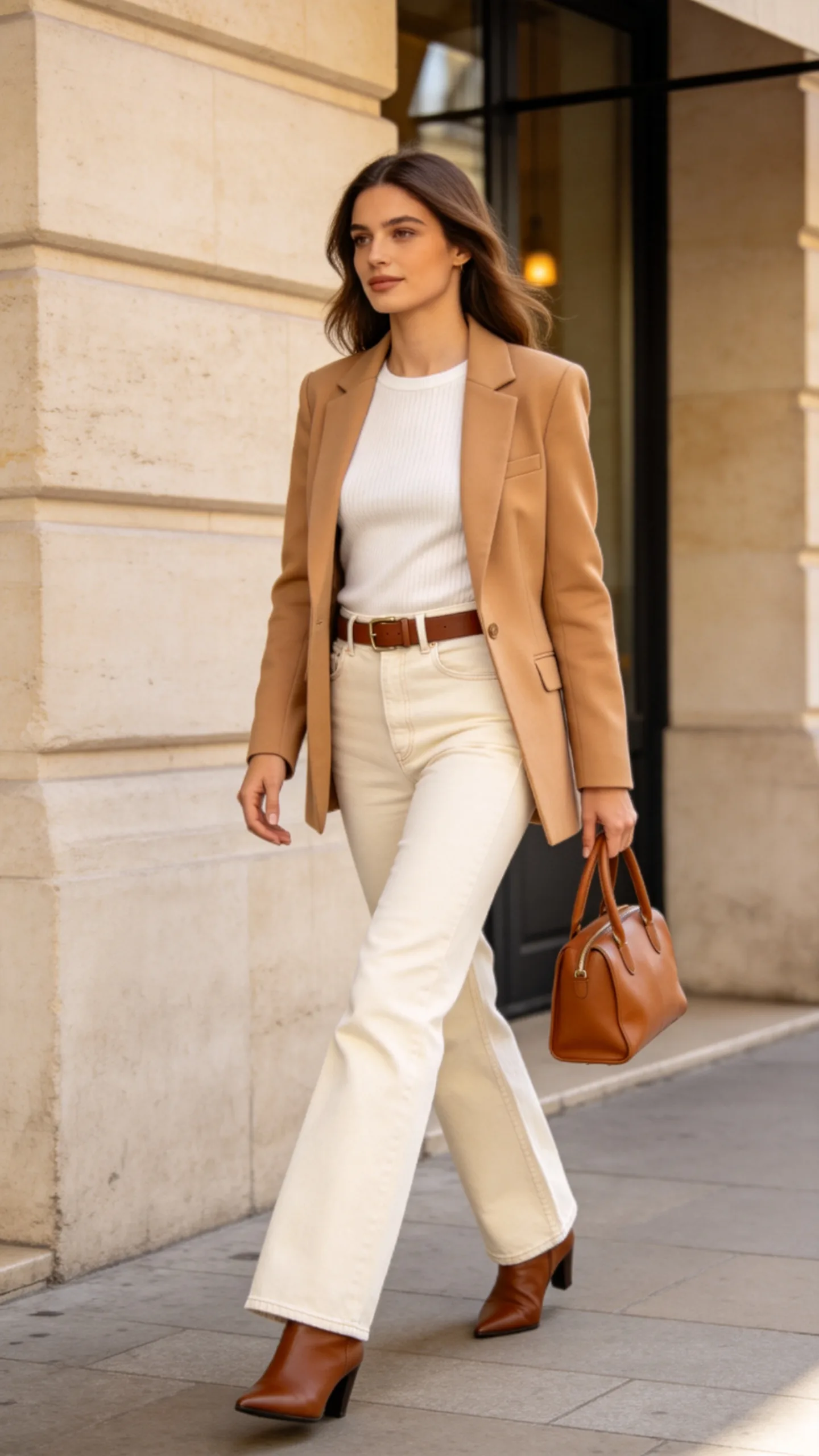 2. Camel Blazer and Ecru Denim