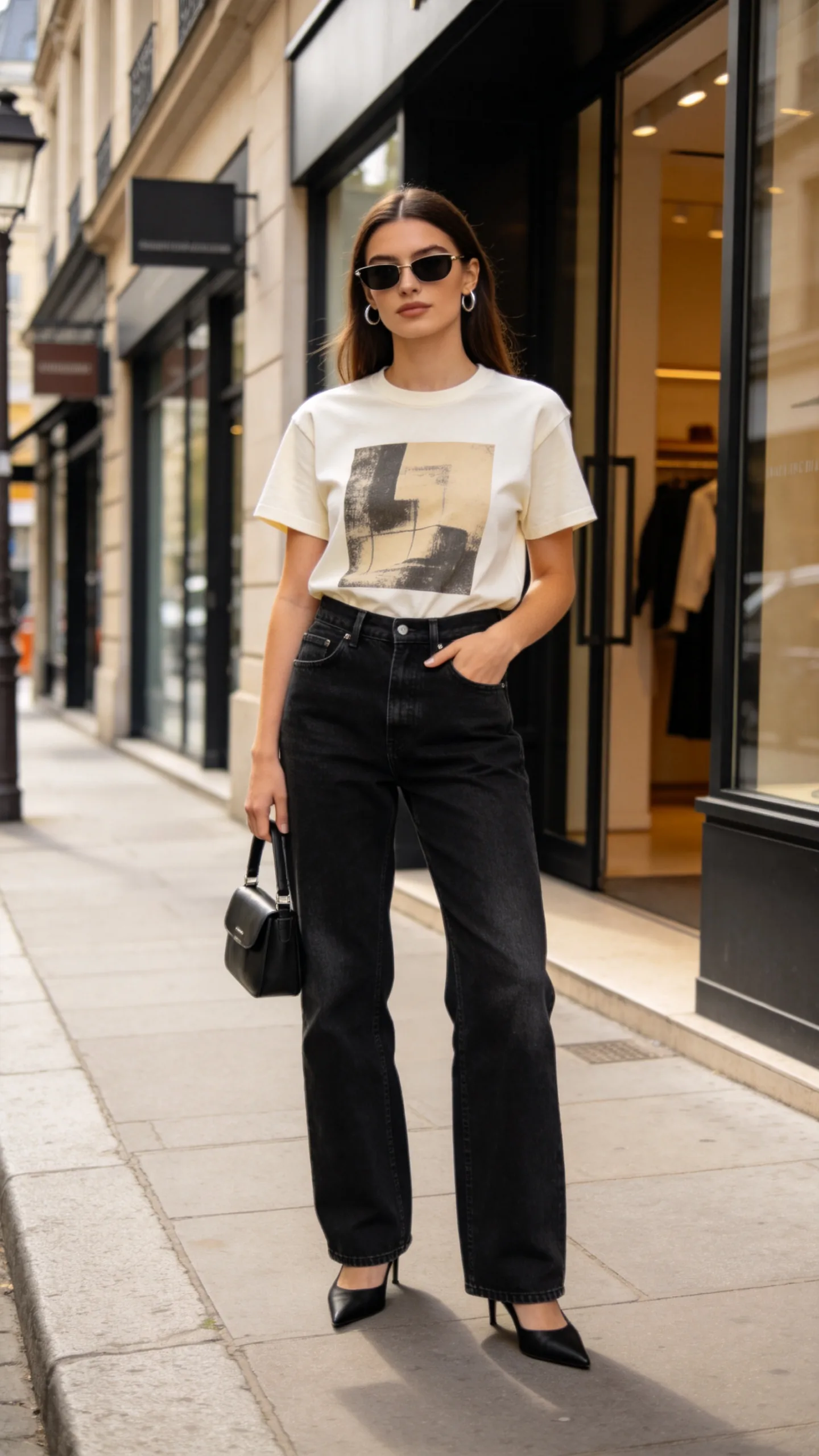 9. Graphic Tee and Sleek Kitten Heels