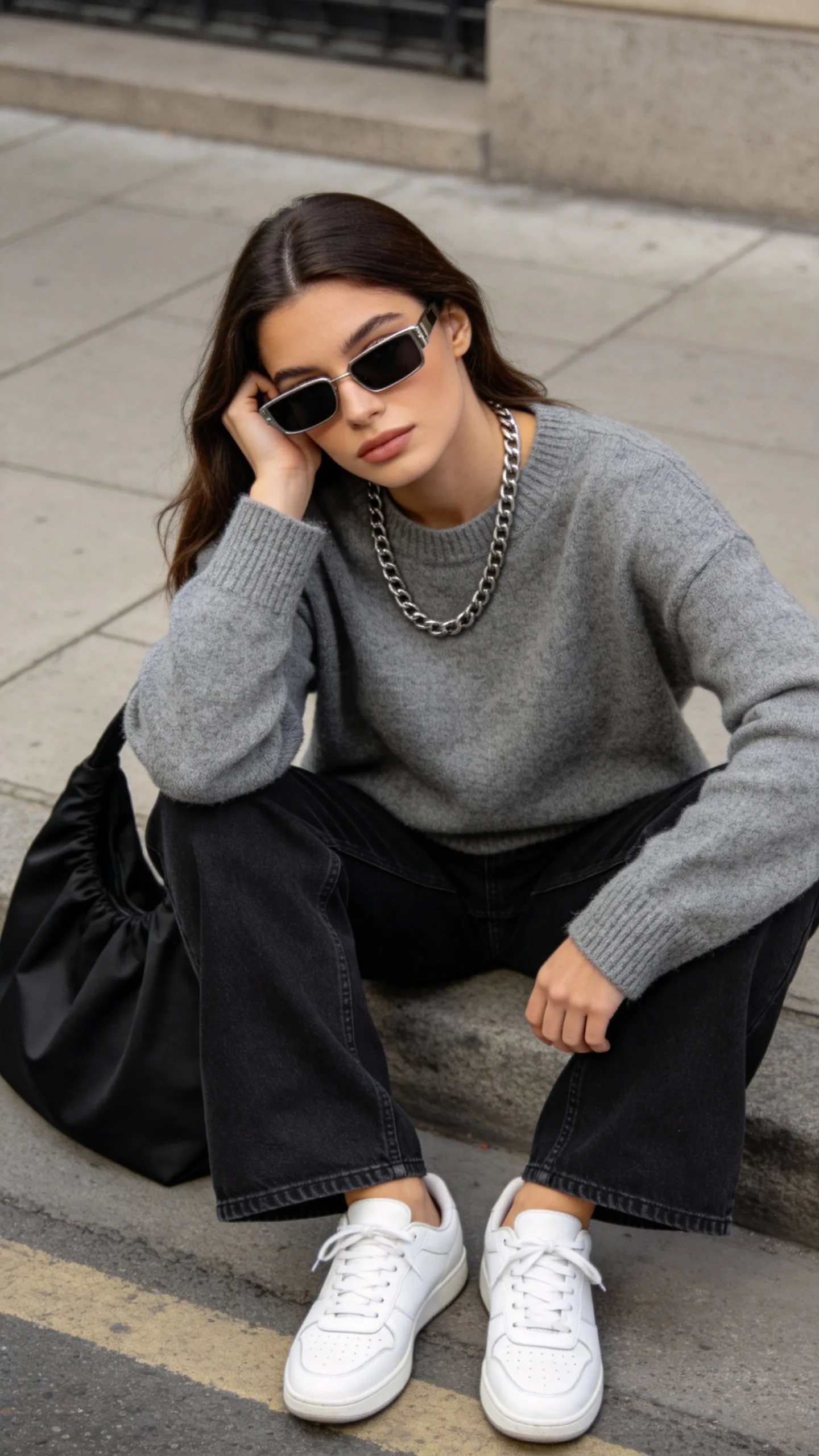 4. Gray Knit Sweater and White Sneakers