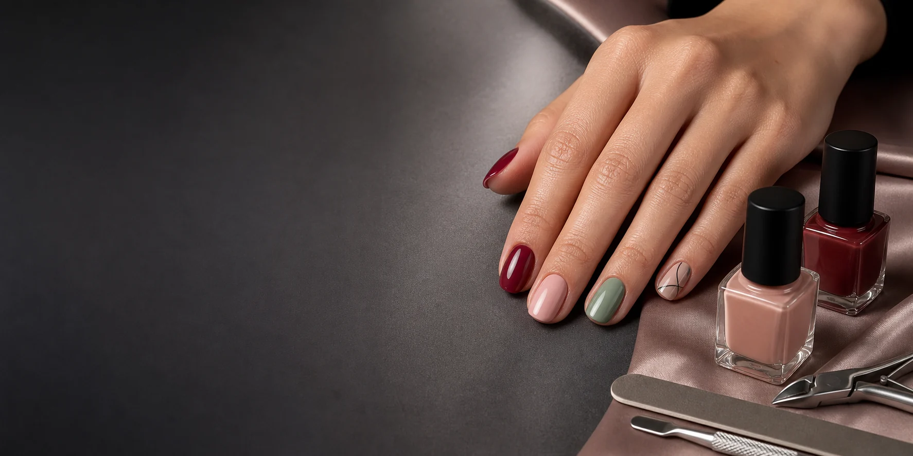 Editorial manicure in berry, blush, sage, and nude tones