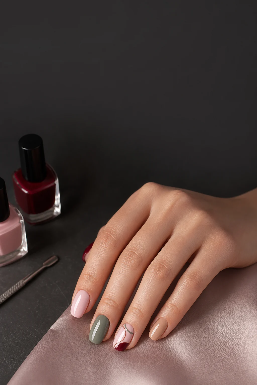 Editorial manicure in berry, blush, sage, and nude tones