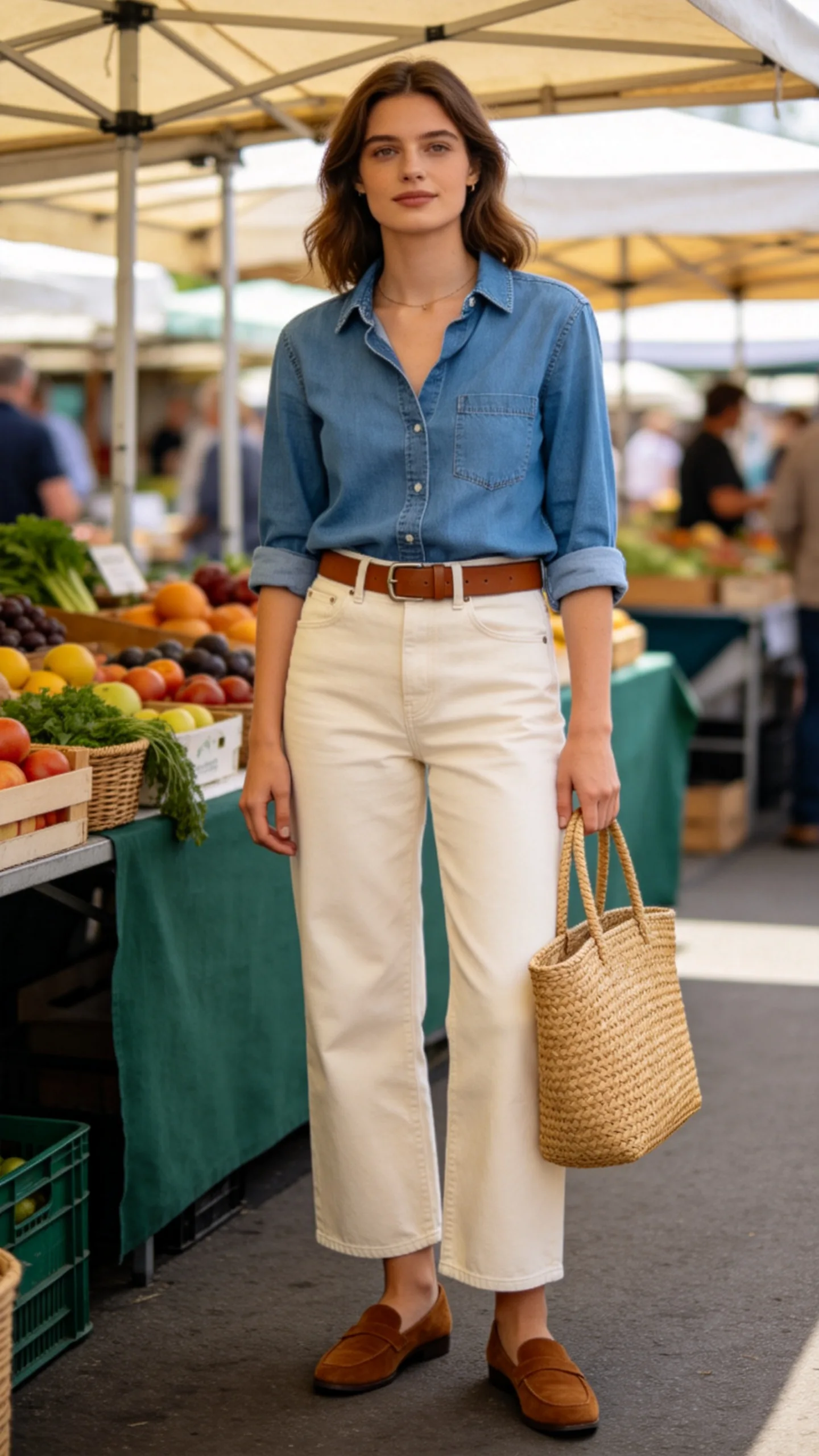 7. Denim Shirt and Contrasting Wide Leg Jeans