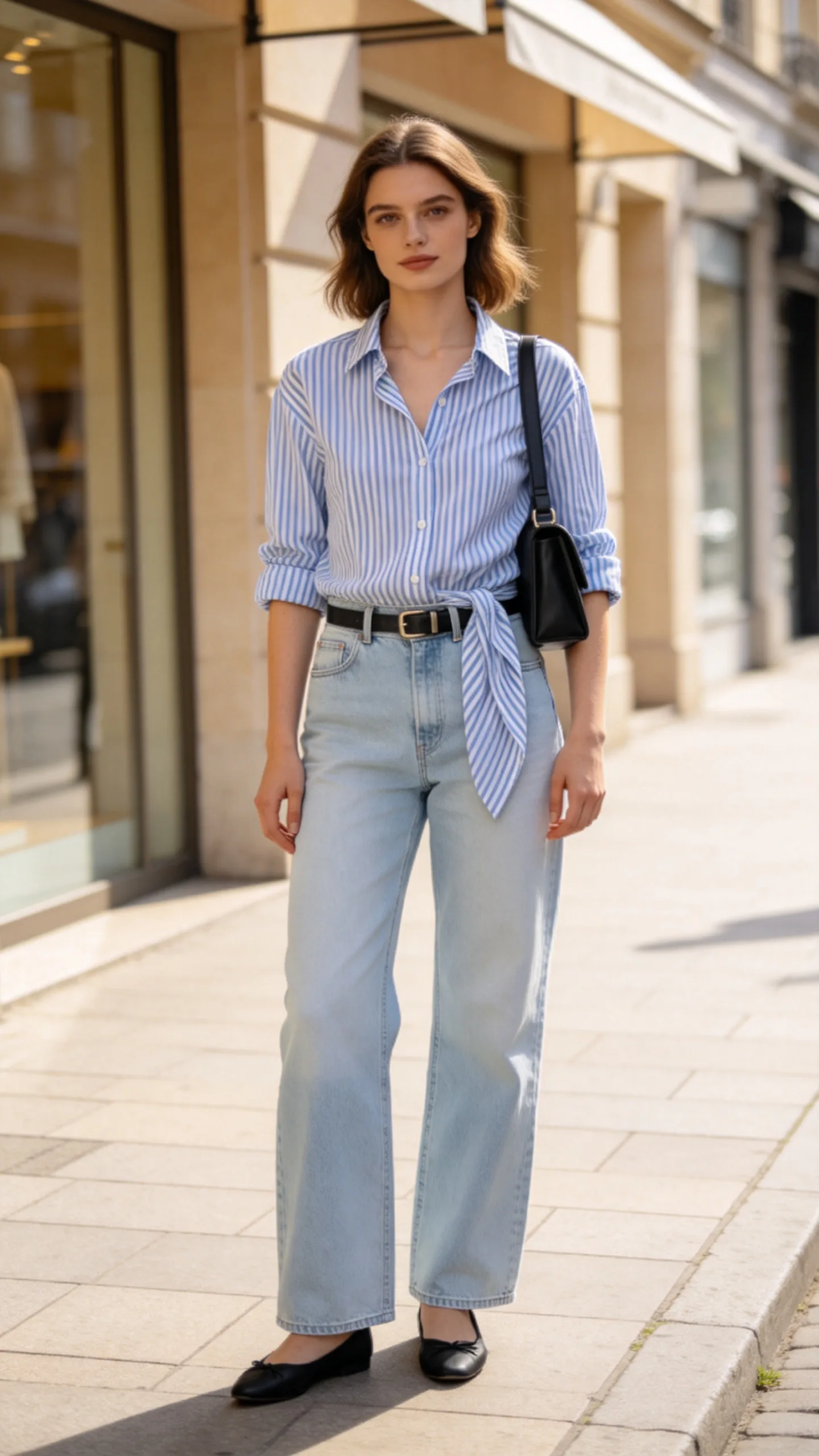 2. Striped Button-Down and Ballet Flats