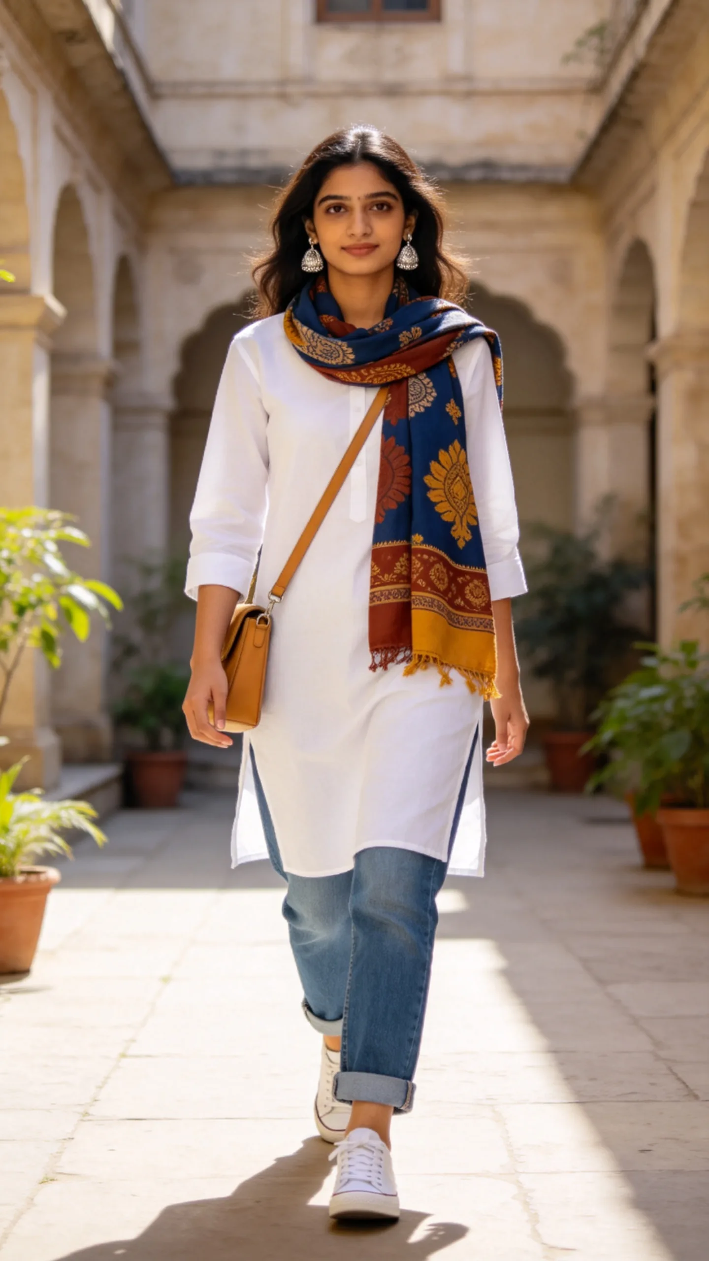 1. White Straight Kurti With Blue Mom Jeans and a Printed Dupatta