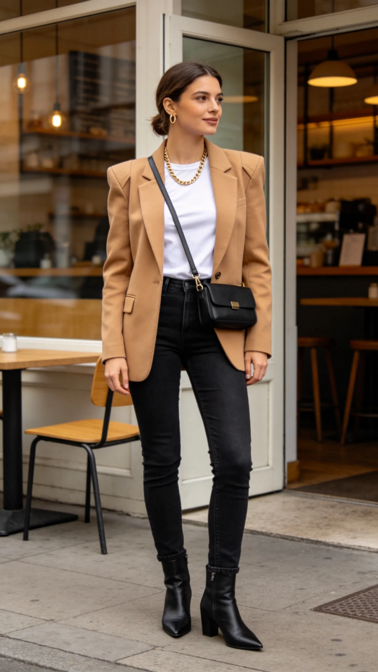 2. Black Fitted Jeans With a Camel Blazer