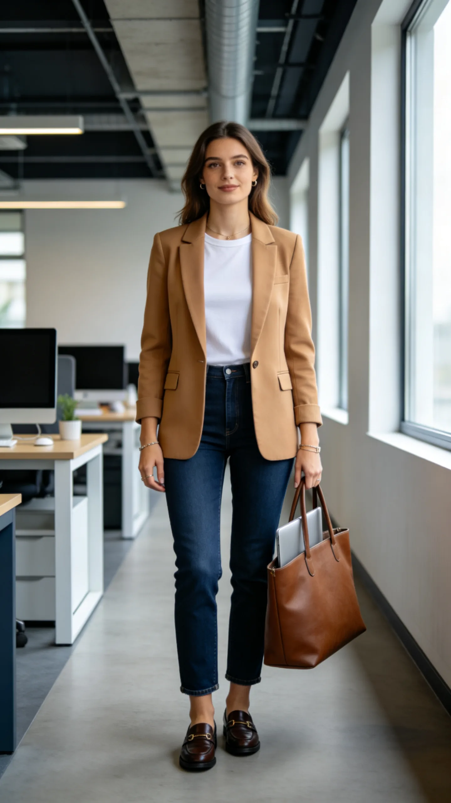 2. Dark-Wash Jeans With a Blazer for a Casual Office