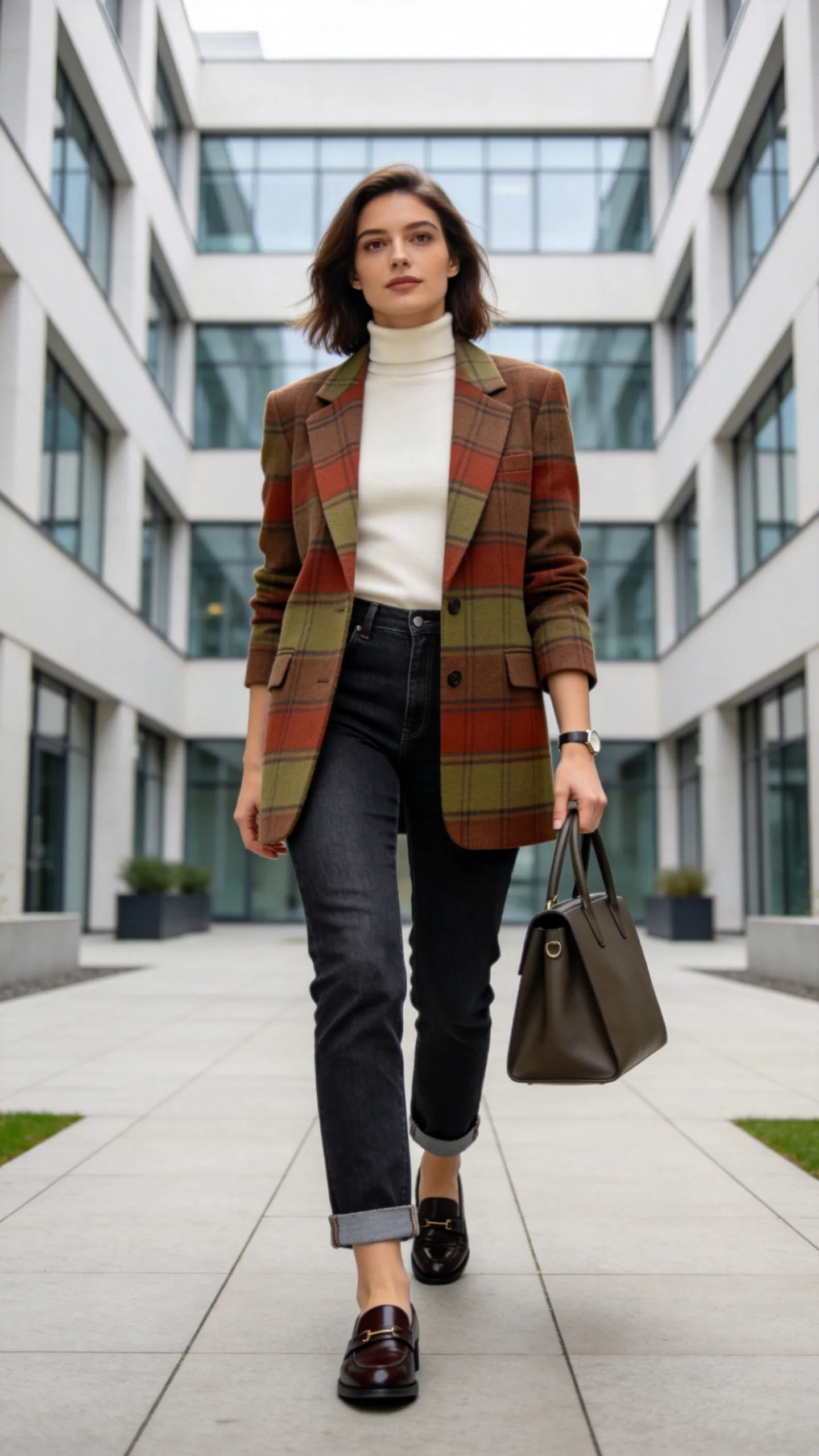 2. Dark-Wash Jeans With a Plaid Blazer and Loafers