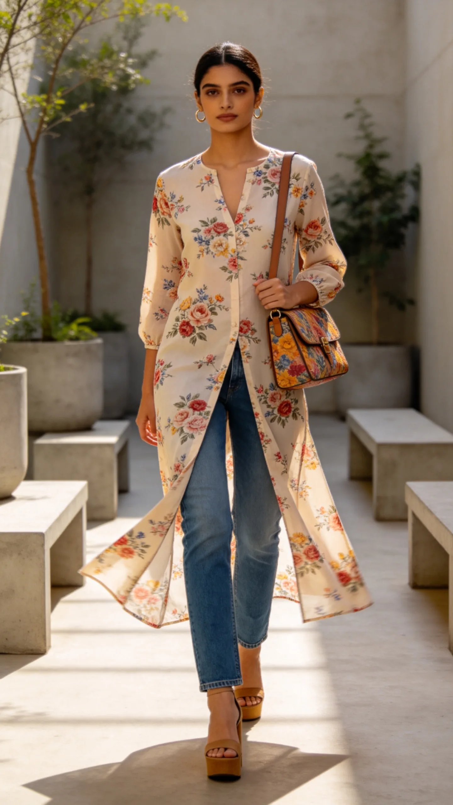 2. Floral High-Slit Kurti With Straight-Leg Jeans