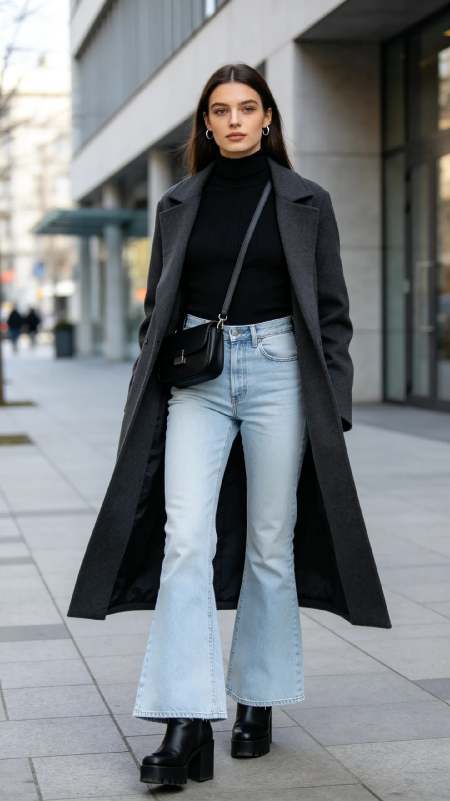 2. Light-Wash Flares With a Fitted Black Turtleneck