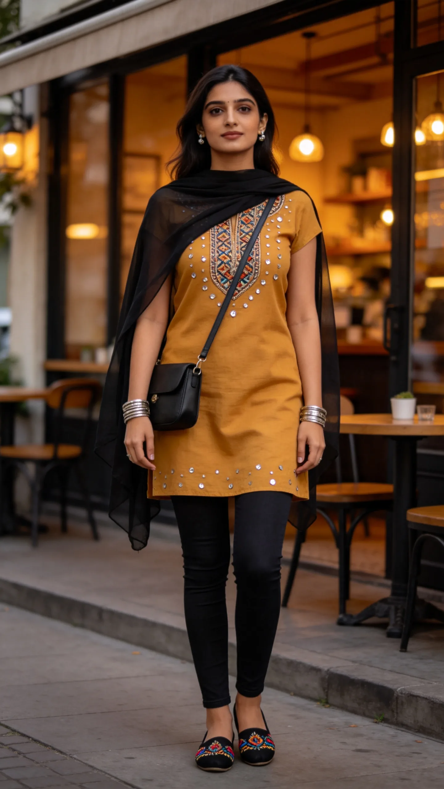 2. Mustard Short Kurti With Black Skinny Jeans and Juttis