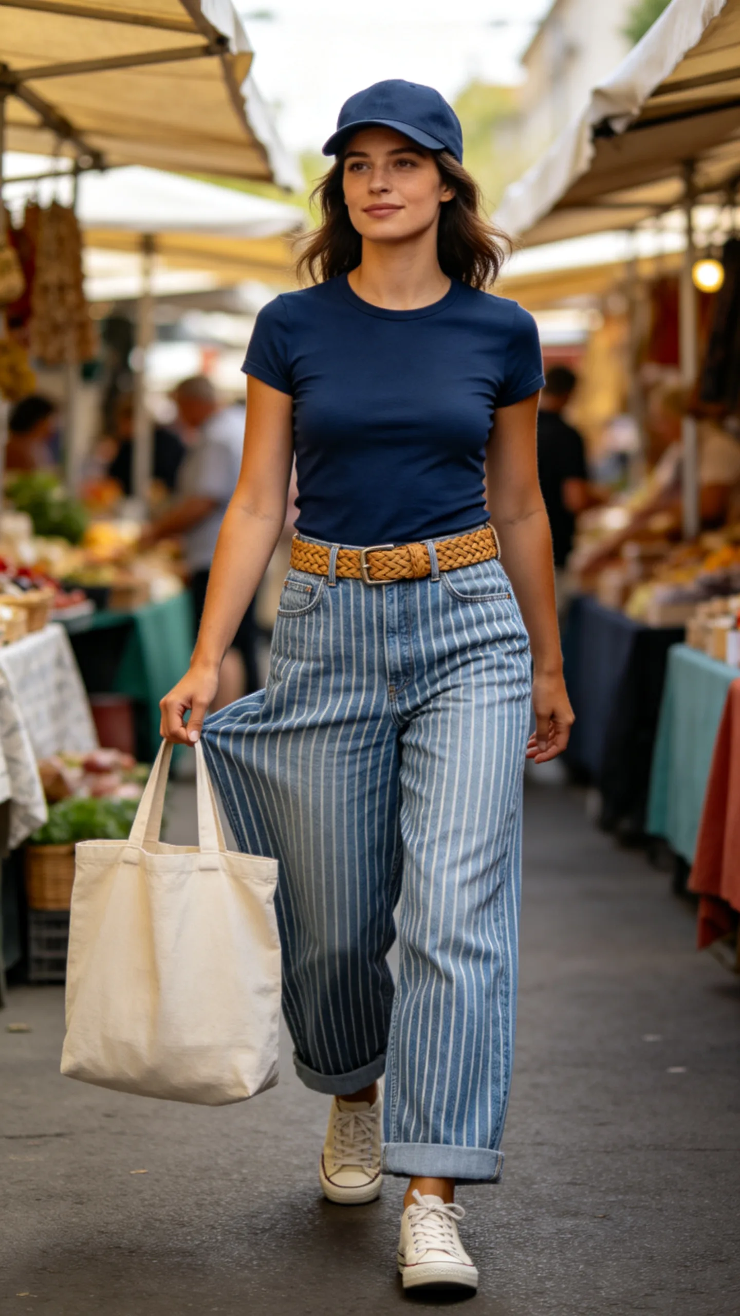 2. Railroad-Stripe Jeans With a Navy Baby Tee
