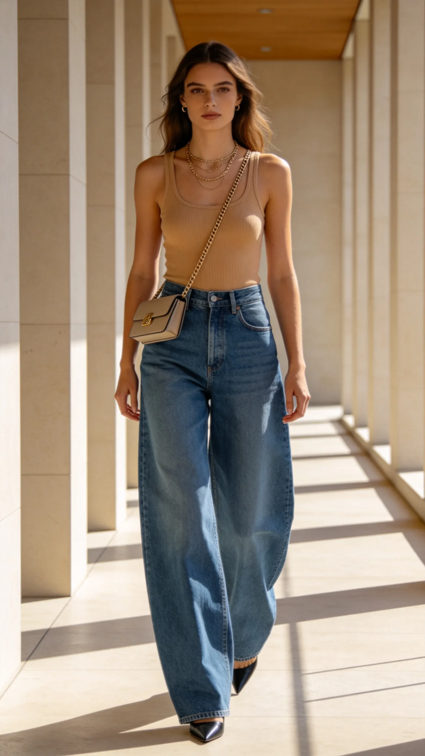 2. Wide-Leg Jeans With a Fitted Ribbed Tank