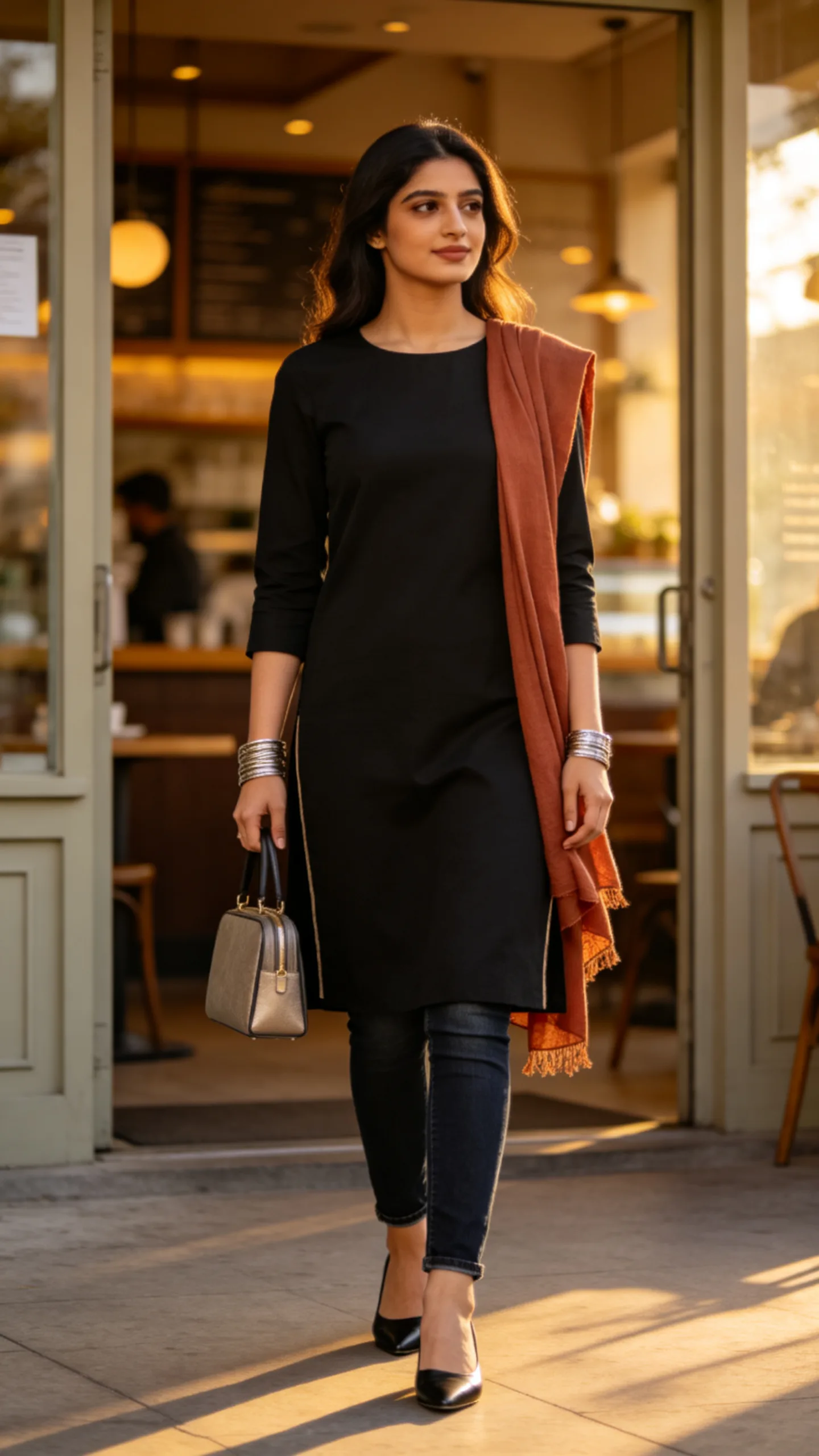 3. Black A-Line Kurti With Dark-Wash Denim