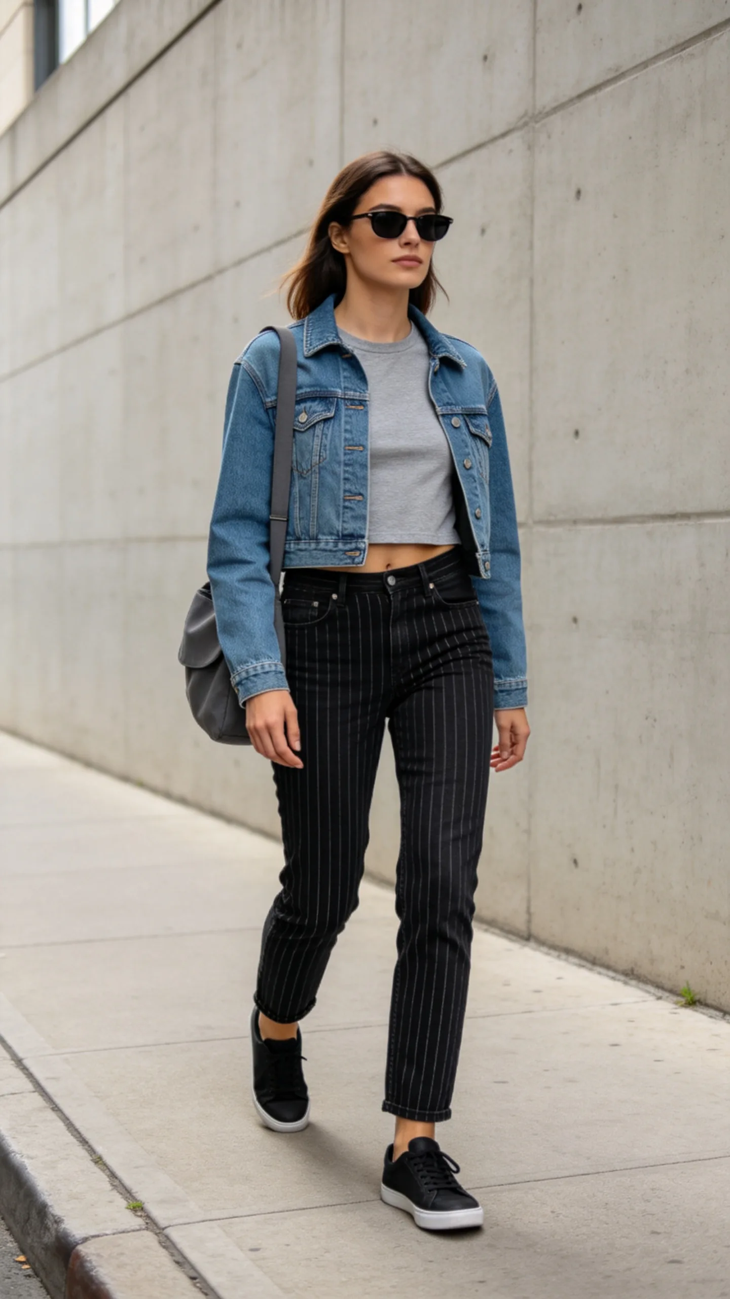 3. Black Striped Jeans With a Cropped Denim Jacket