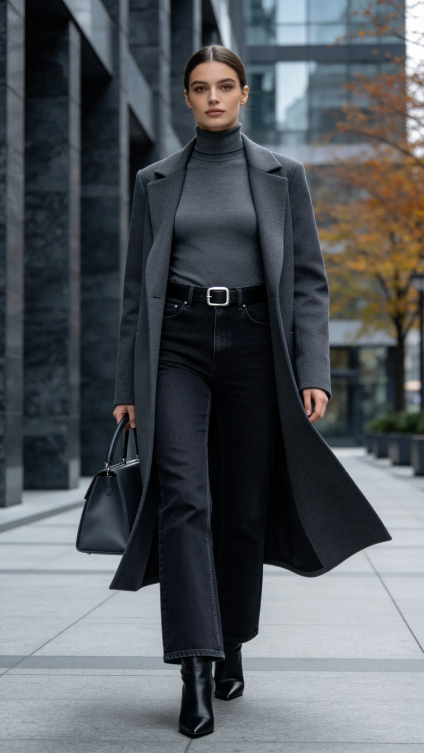 3. Black Wide Leg Jeans With a Gray Turtleneck and Long Coat