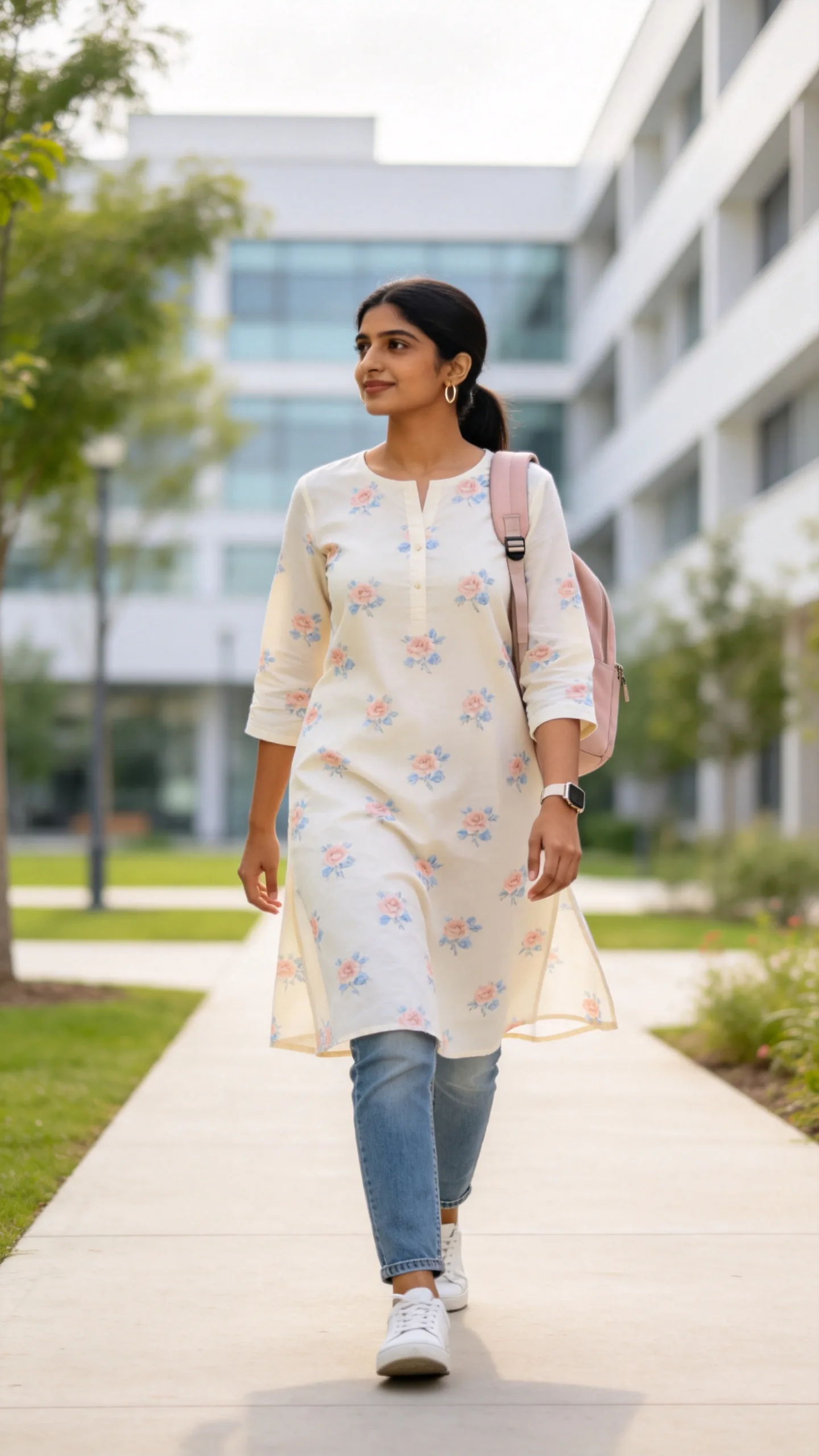 3. Floral A-Line Kurti With Straight Jeans and White Sneakers
