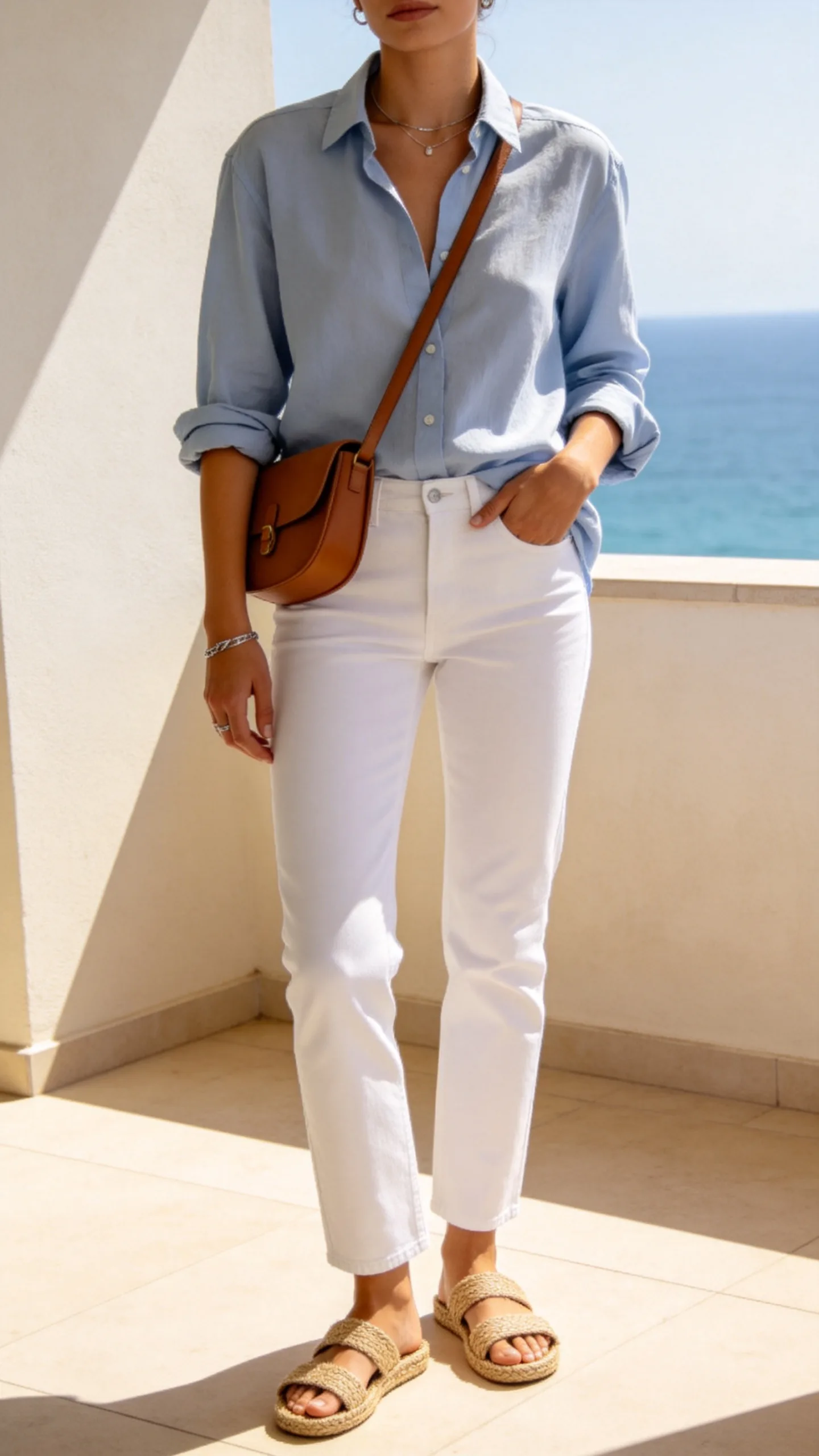 3. White Jeans With a Breezy Blue Poplin Shirt