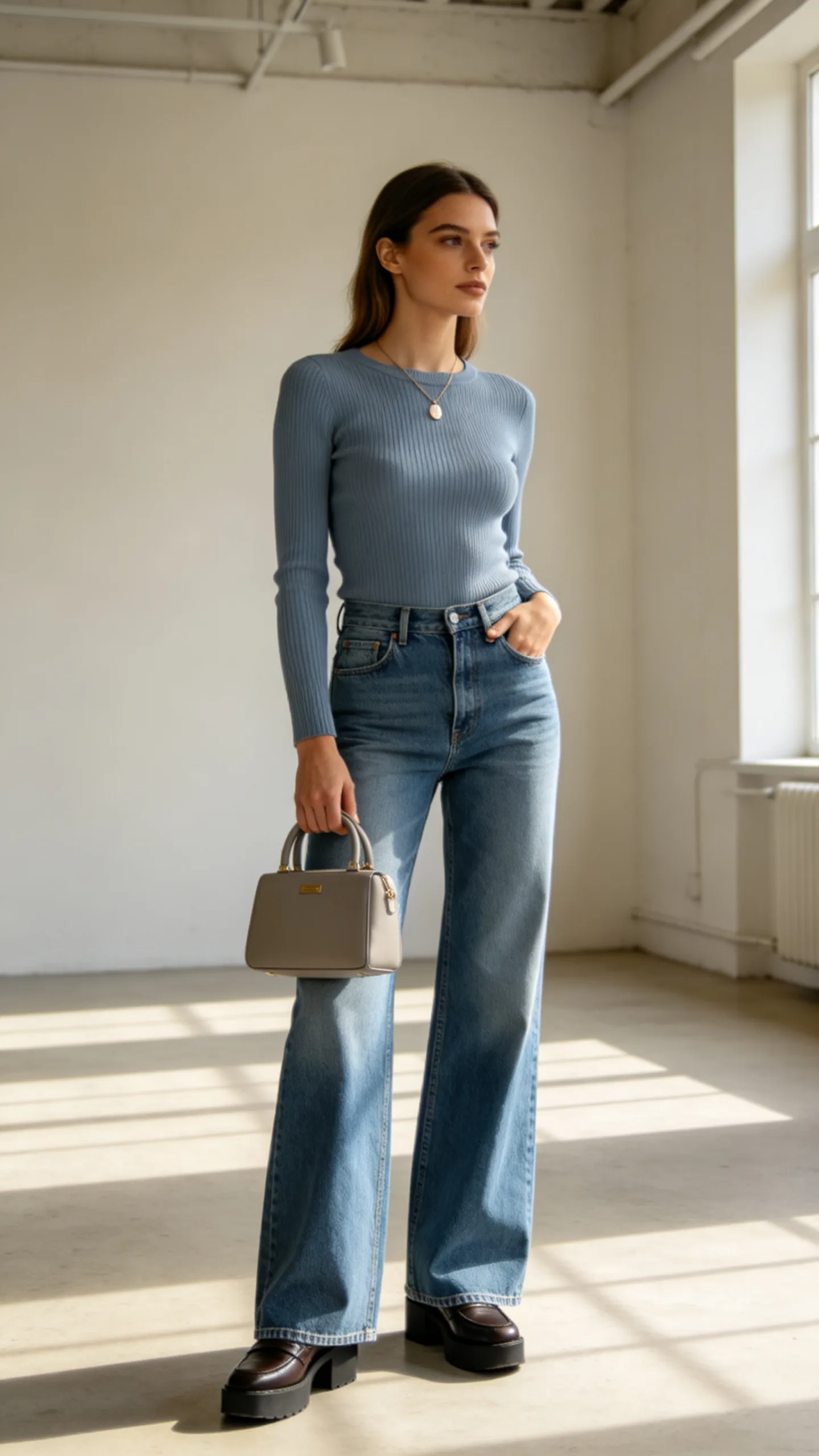 3. Wide-Leg Jeans With a Fitted Knit Top