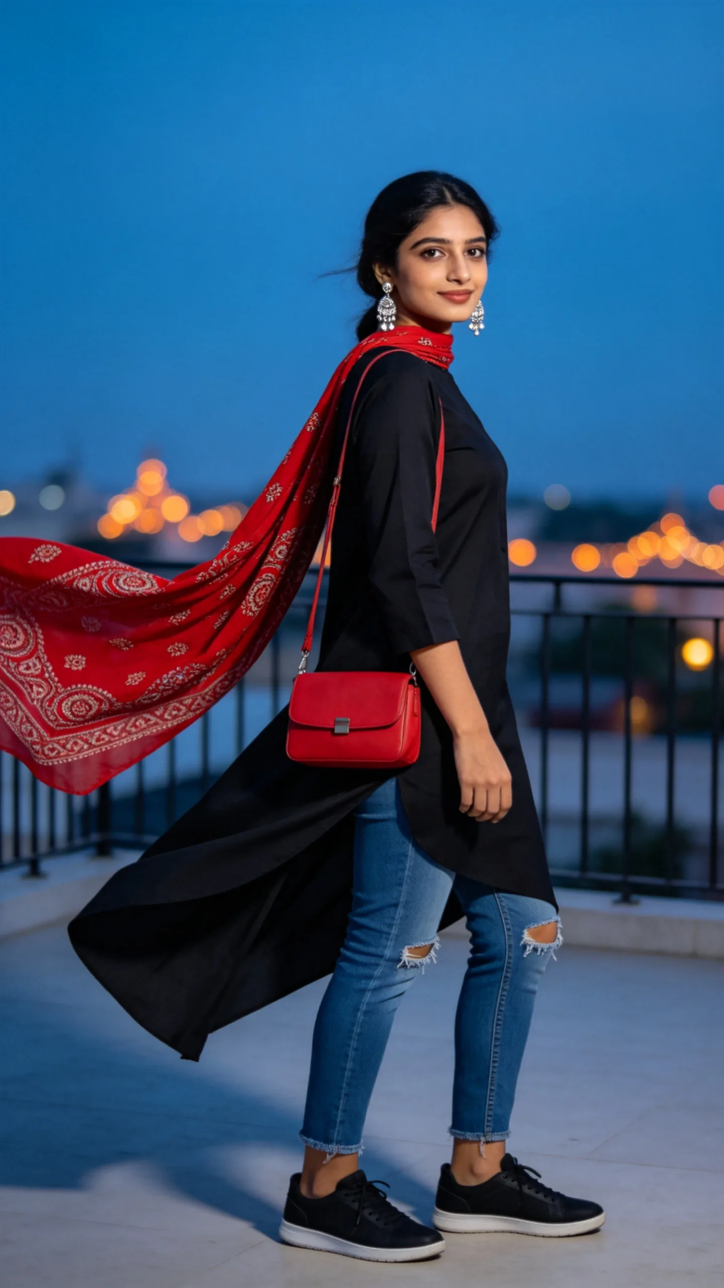 4. Black High-Low Kurti With Distressed Jeans and a Red Dupatta