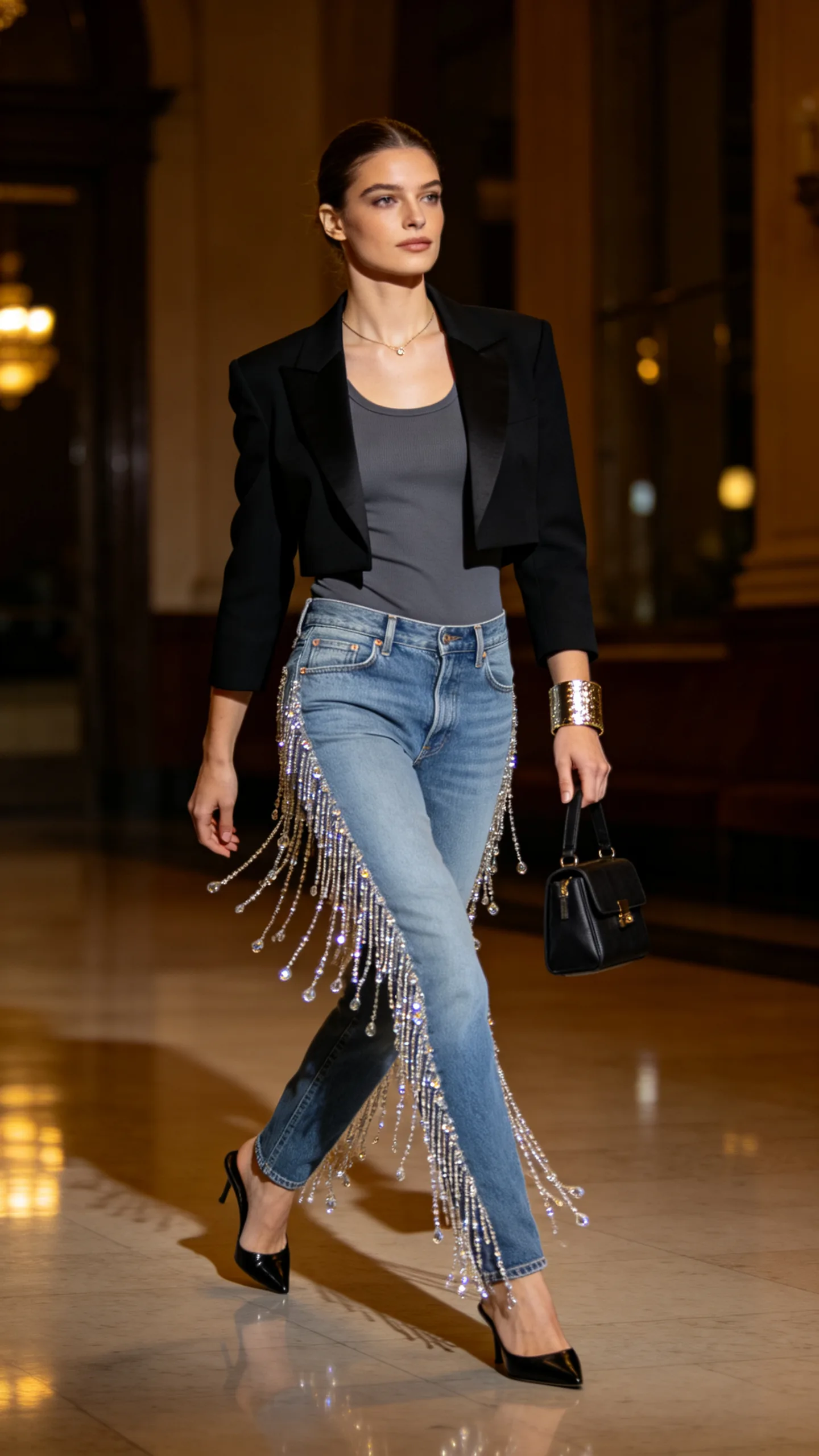 4. Crystal Fringe Jeans With a Cropped Blazer