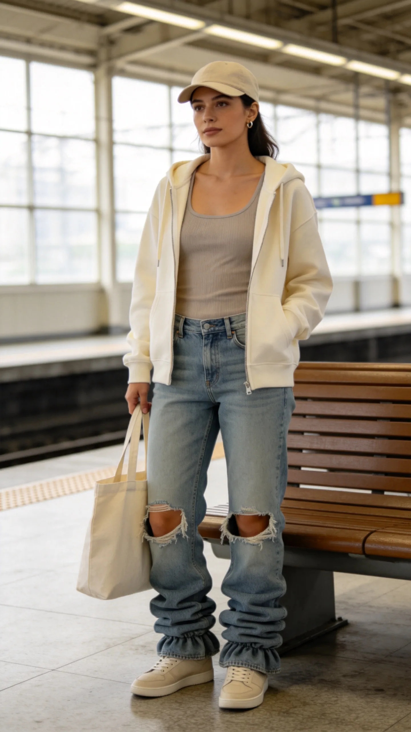 4. Distressed Stacked Jeans With a Zip-Up Hoodie