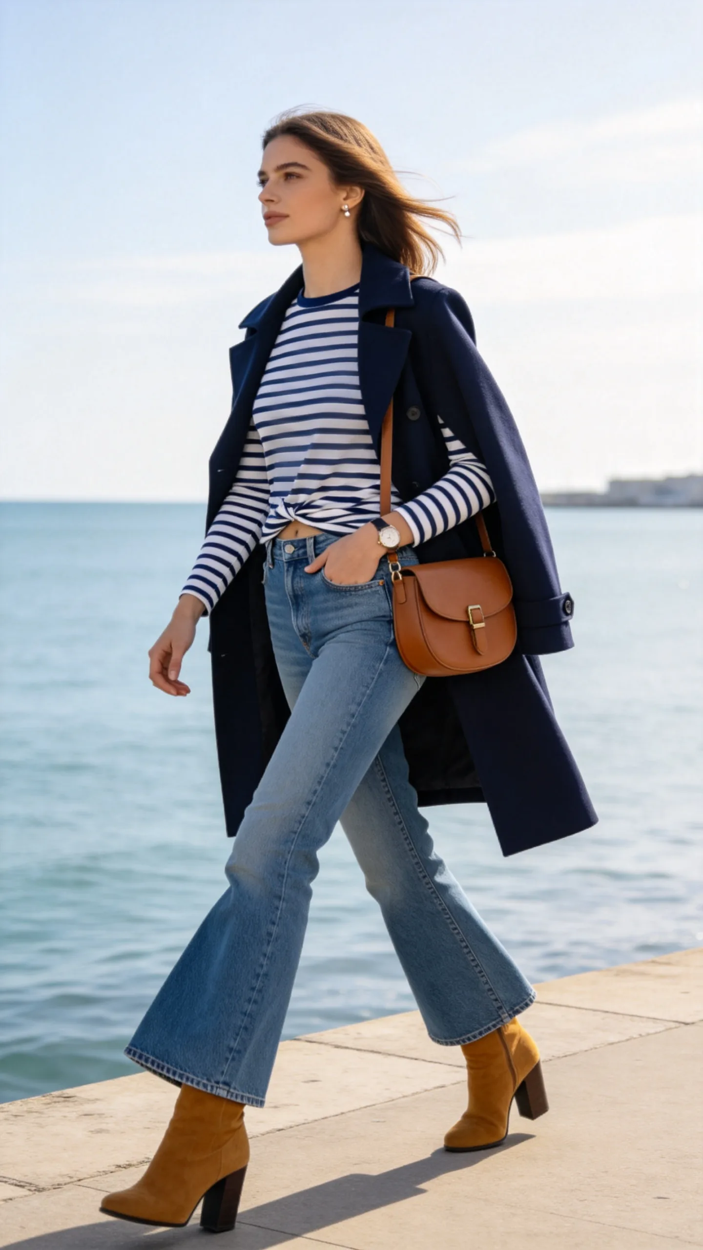 4. Medium-Wash Bell Bottoms With a Striped Breton Top