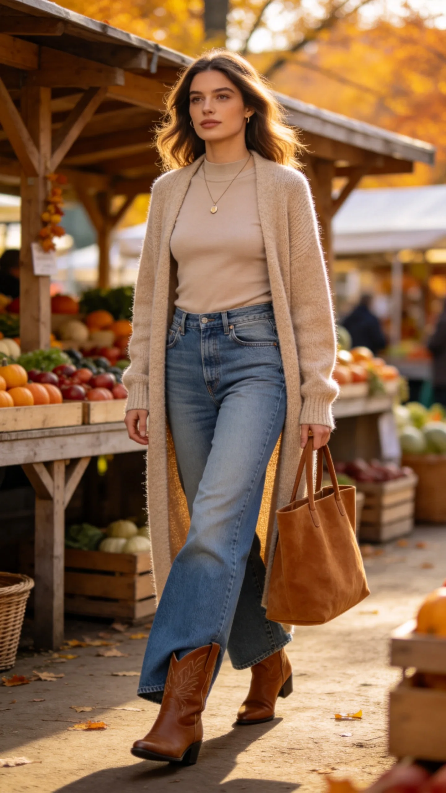 4. Medium-Wash Jeans With an Oversized Cardigan and Western Boots