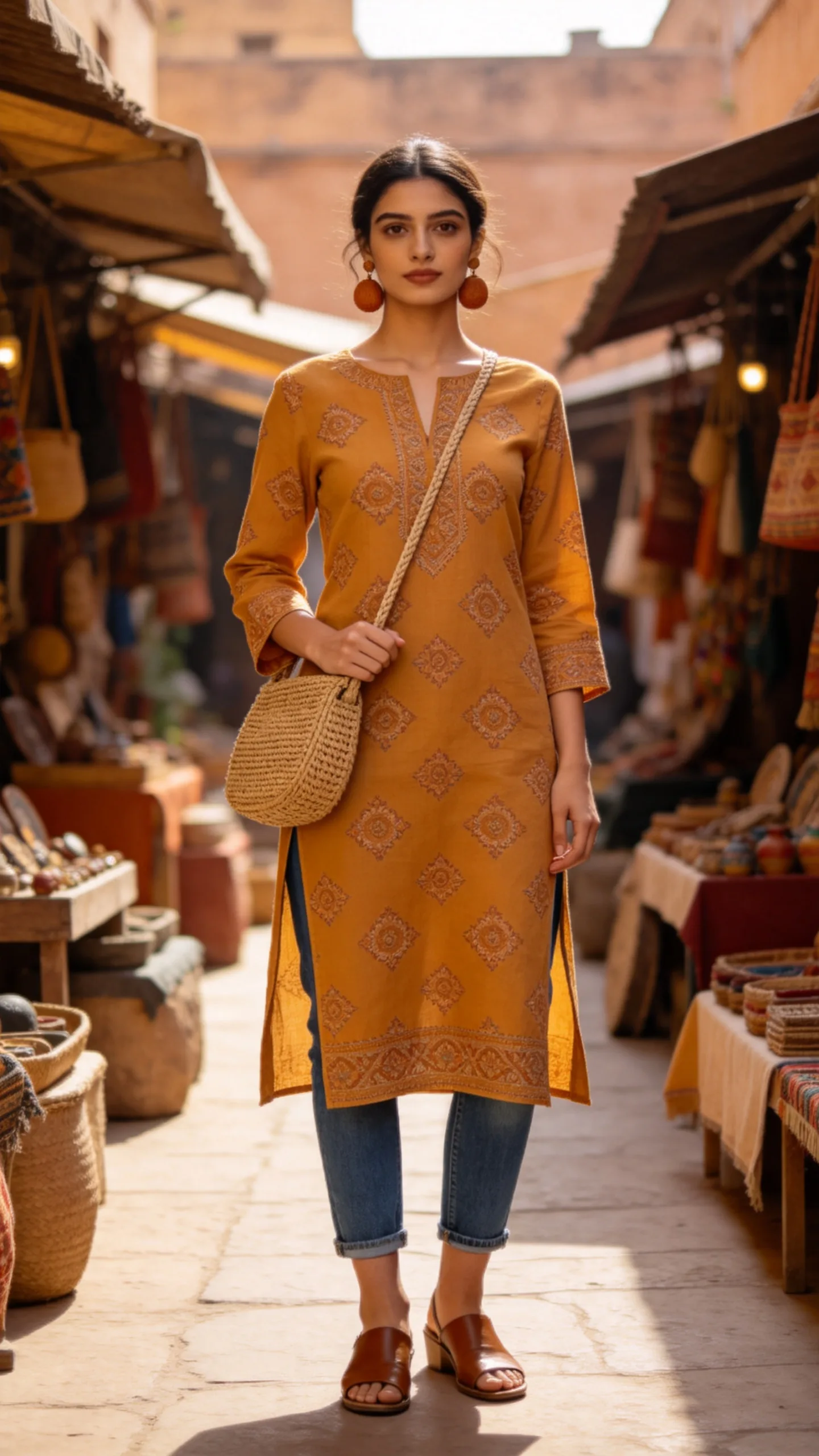 4. Mustard Printed Kurti With Cropped Blue Jeans