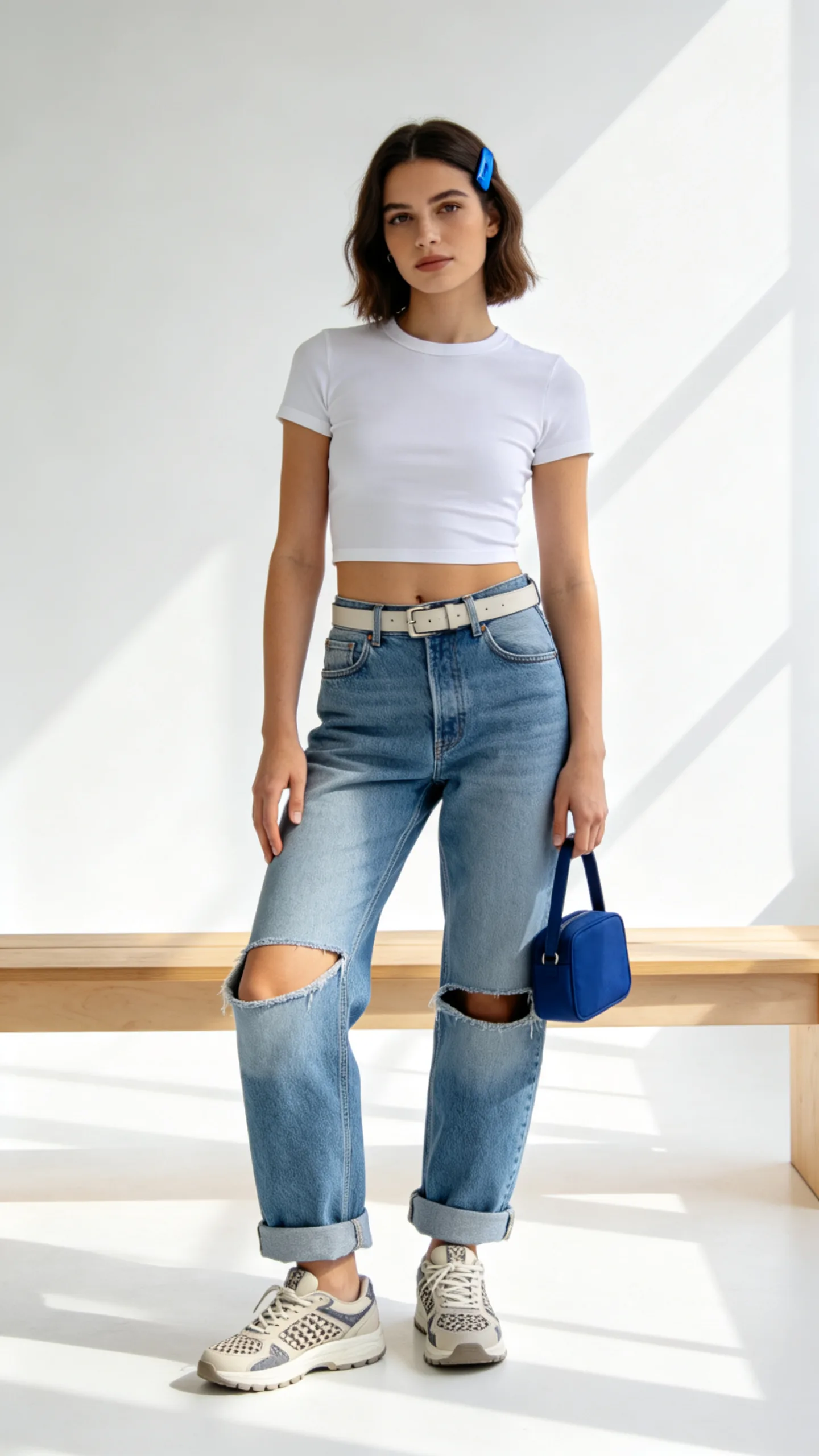 5. Blue Stacked Jeans With a White Baby Tee