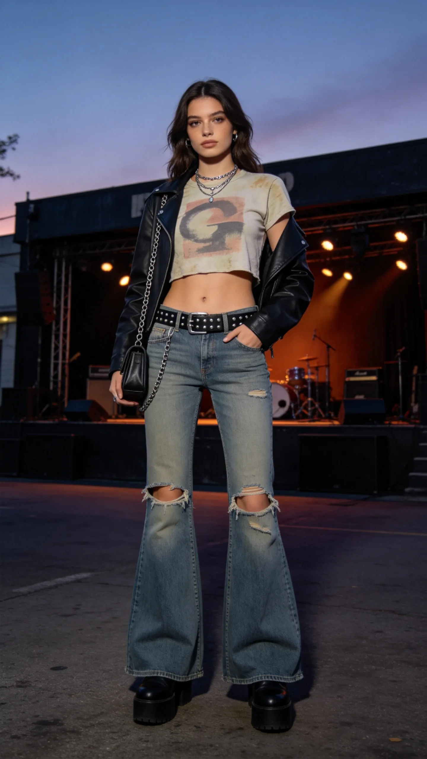 5. Distressed Flares With a Graphic T-Shirt and Leather Jacket