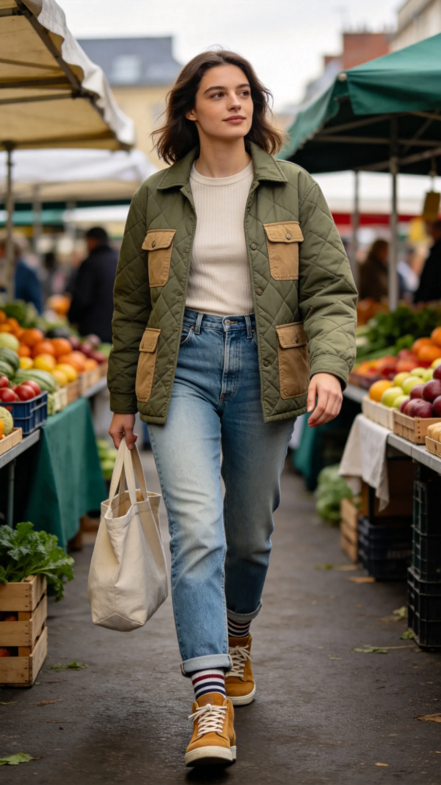 5. Mom Jeans With a Quilted Jacket and Retro Sneakers
