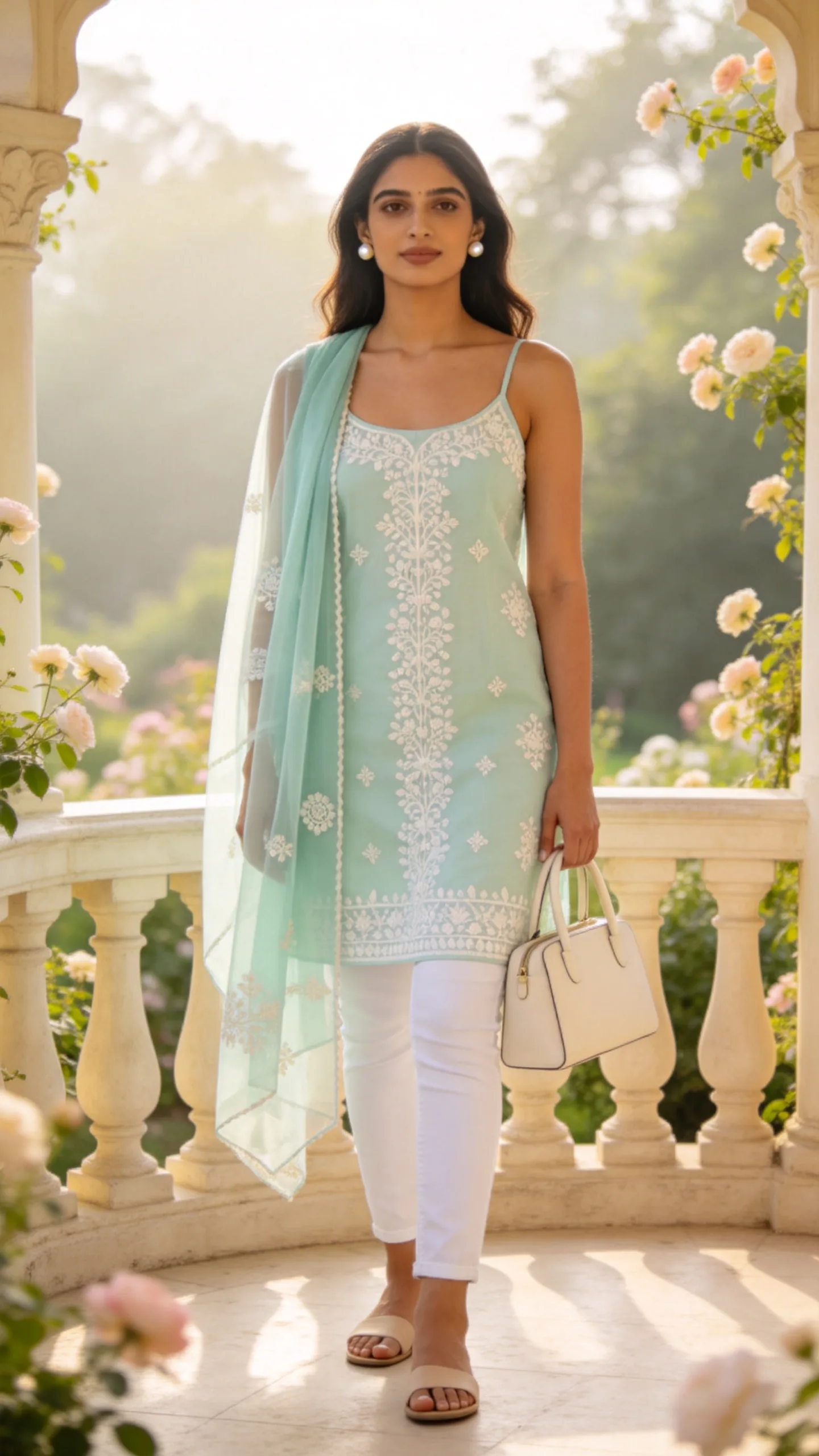 5. Pastel Chikankari Kurti With White Jeans and Nude Sandals