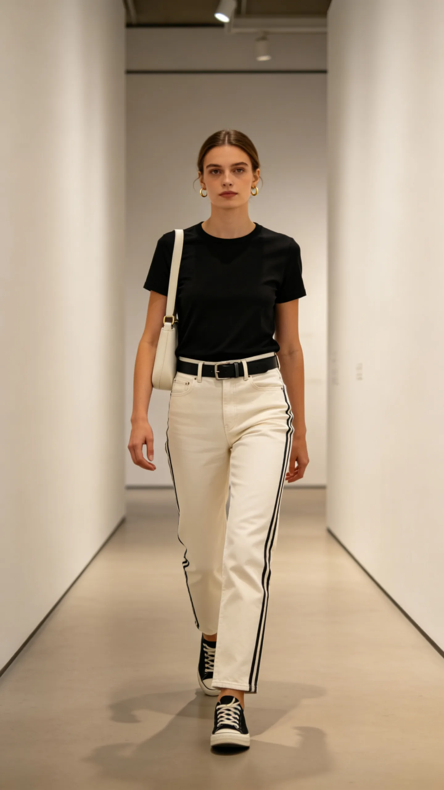 6. Cream Striped Jeans With a Black Tee
