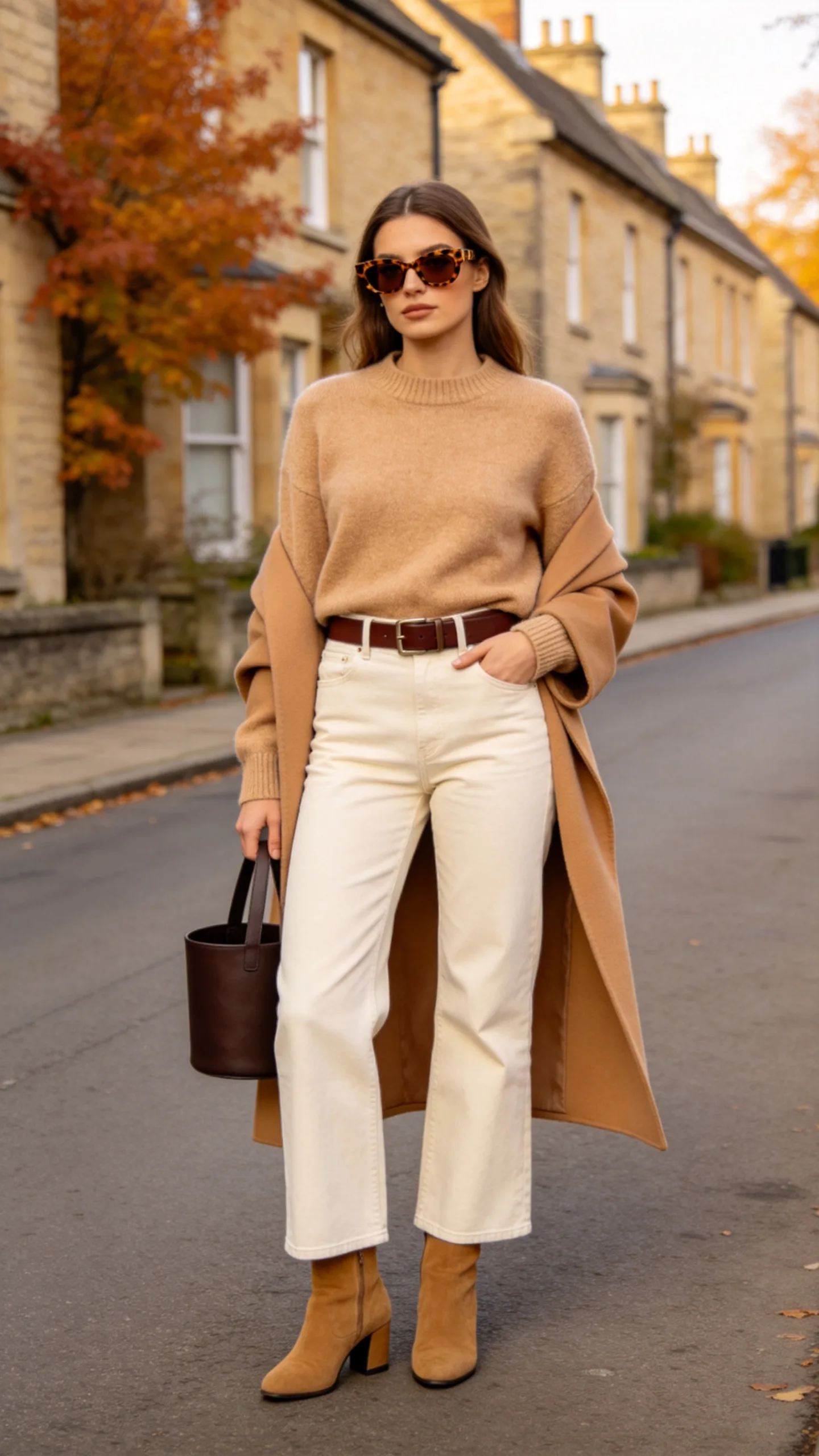 6. Ecru Wide Leg Jeans With a Camel Sweater and Suede Boots