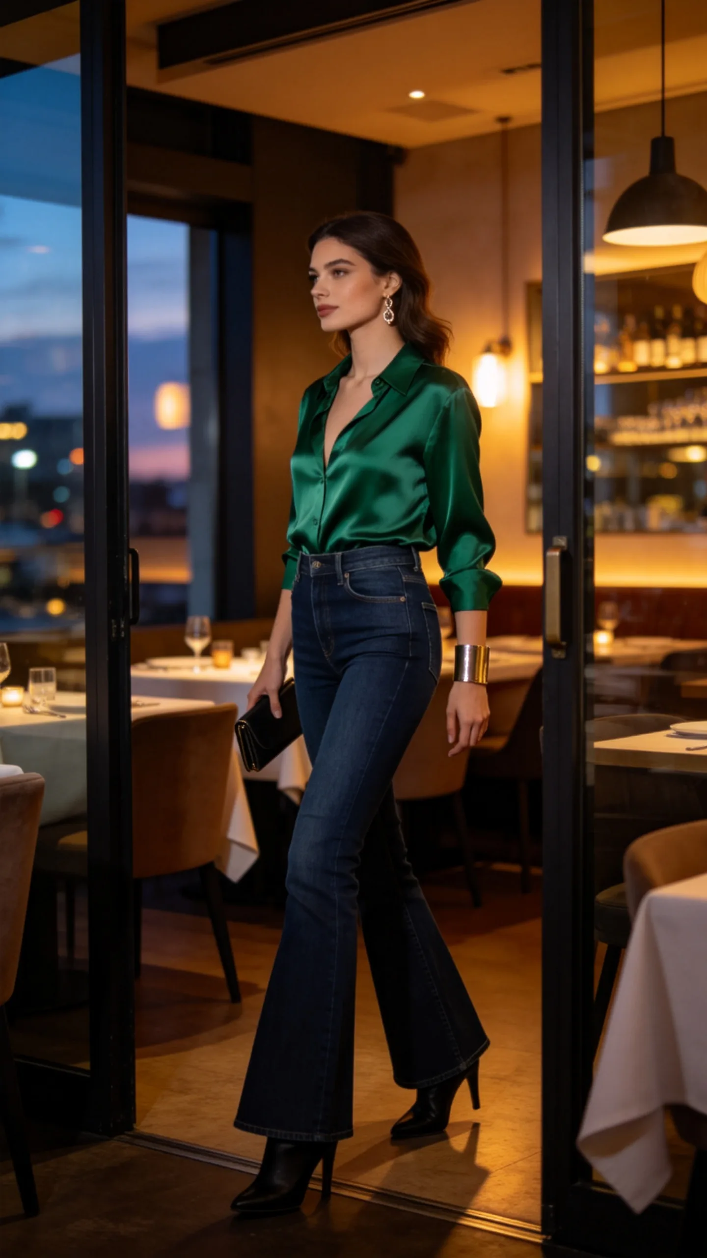 6. Flare Jeans With a Silky Blouse for Dinner