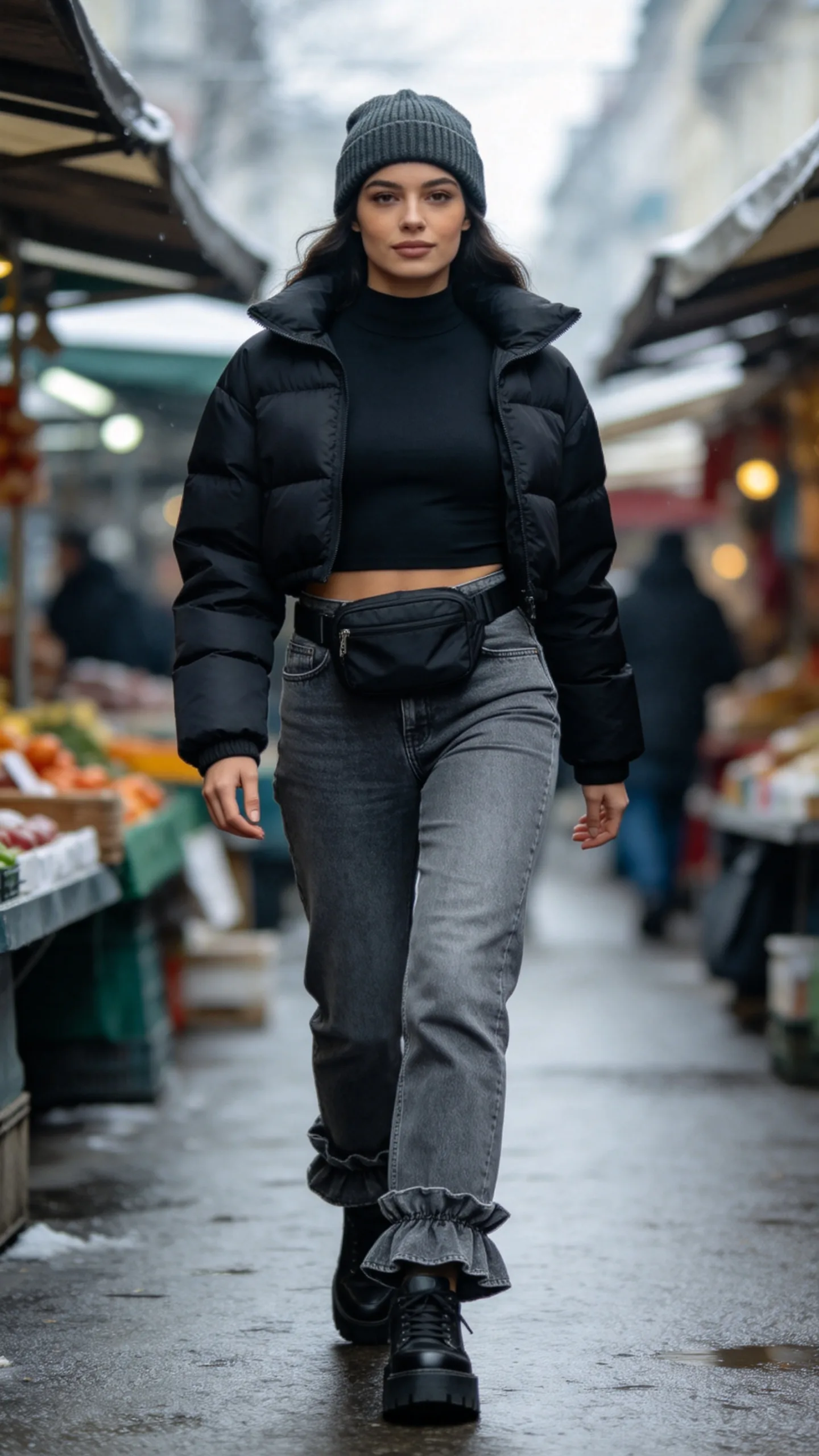 6. Gray Stacked Jeans With a Cropped Puffer Jacket