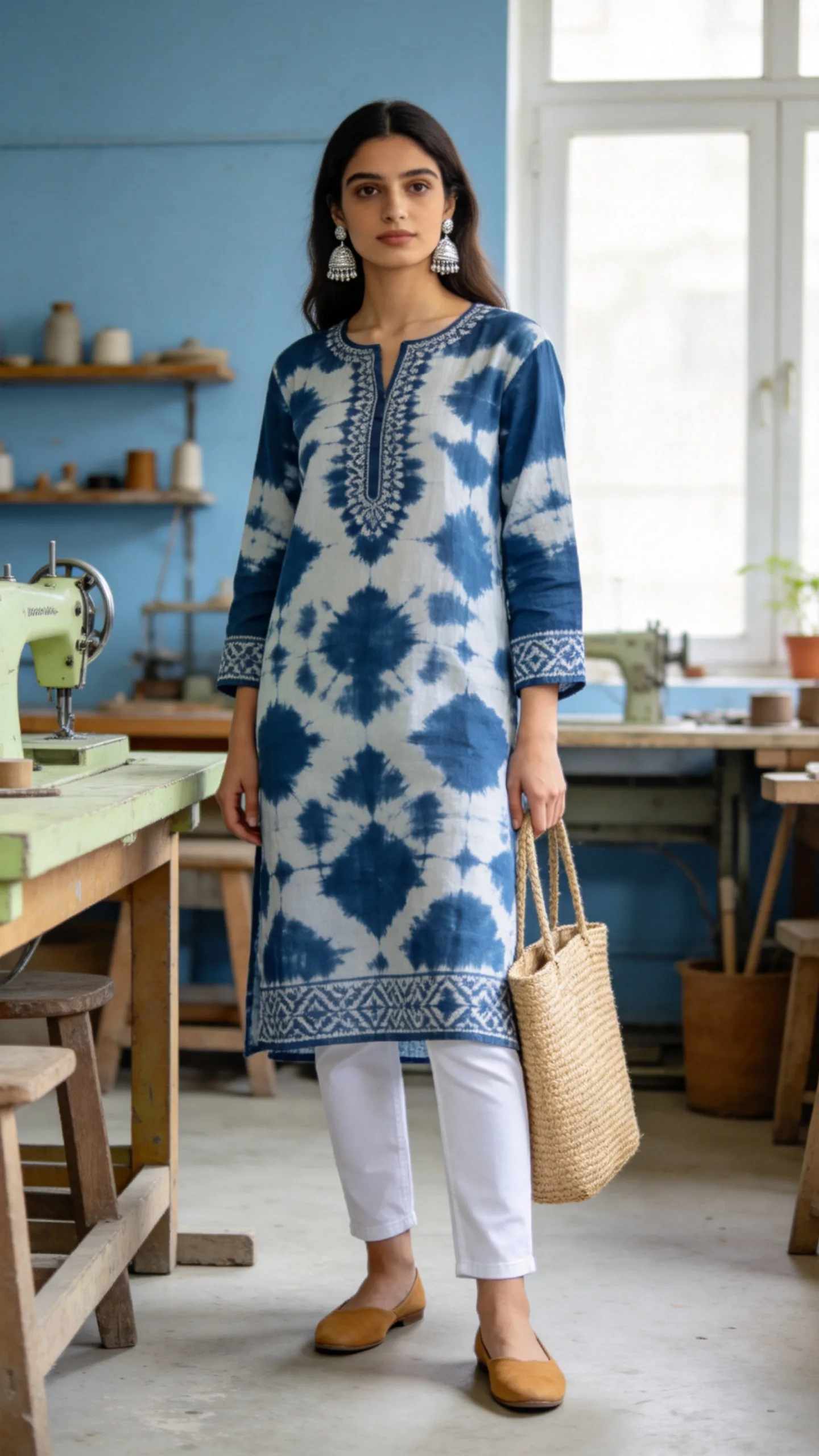 6. Indigo Dabu-Print Kurti With White Jeans