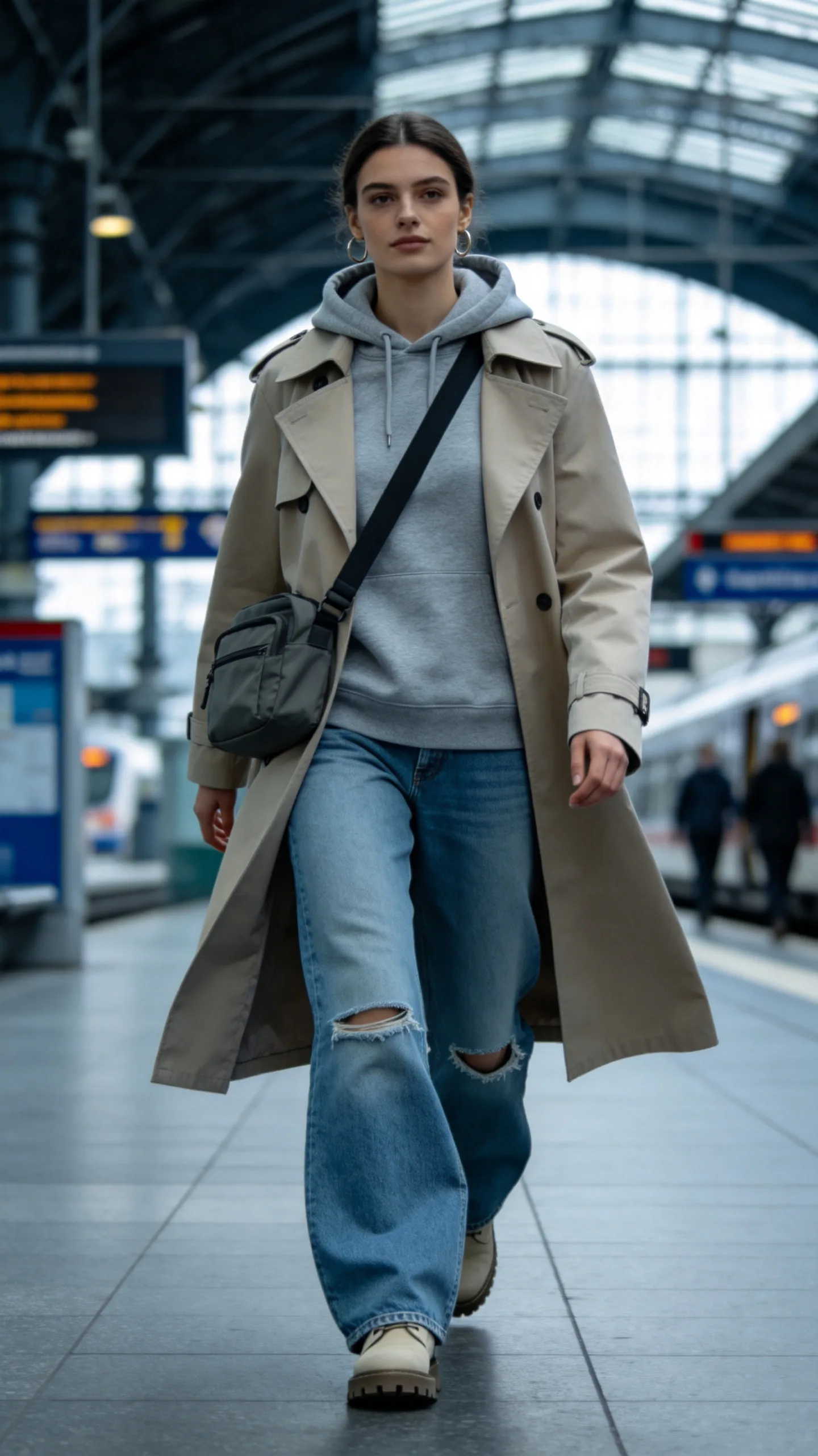 7. Distressed Wide Leg Jeans With a Hoodie and Trench Coat