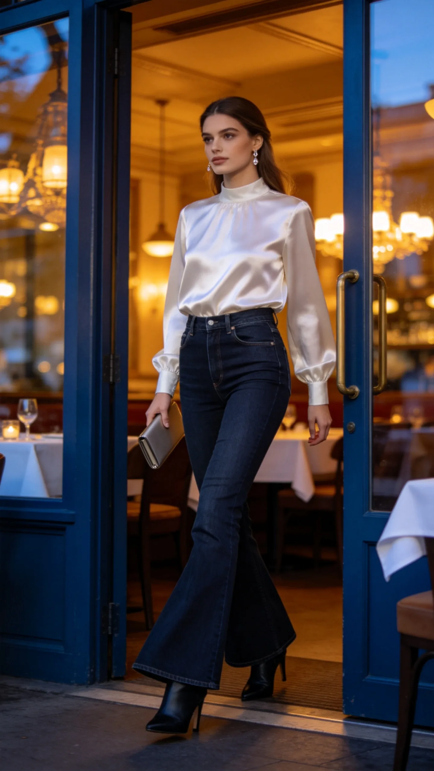 7. Flared Jeans With a Silky Blouse