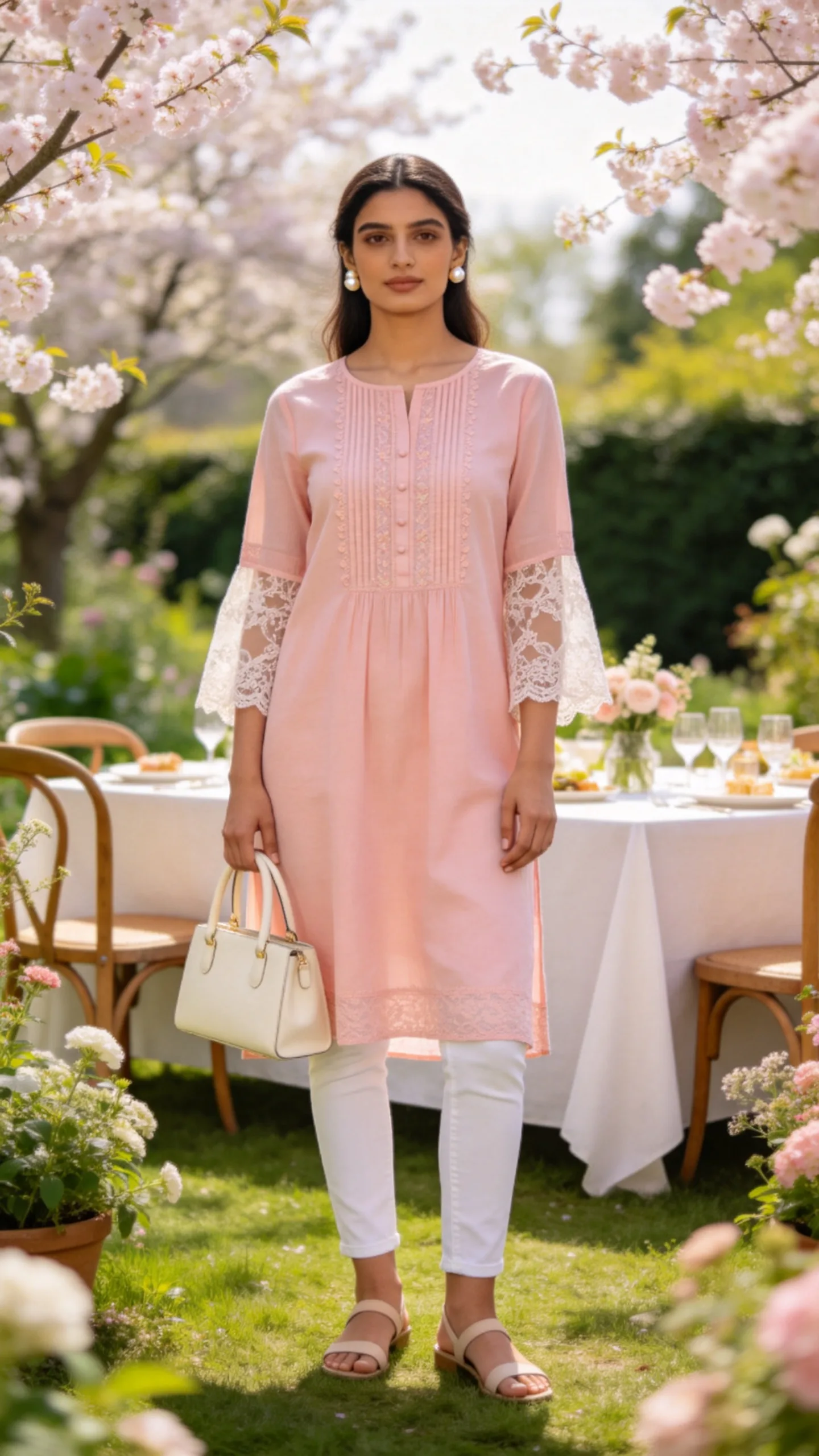 7. Pastel Pink Kurti With White Straight-Leg Jeans