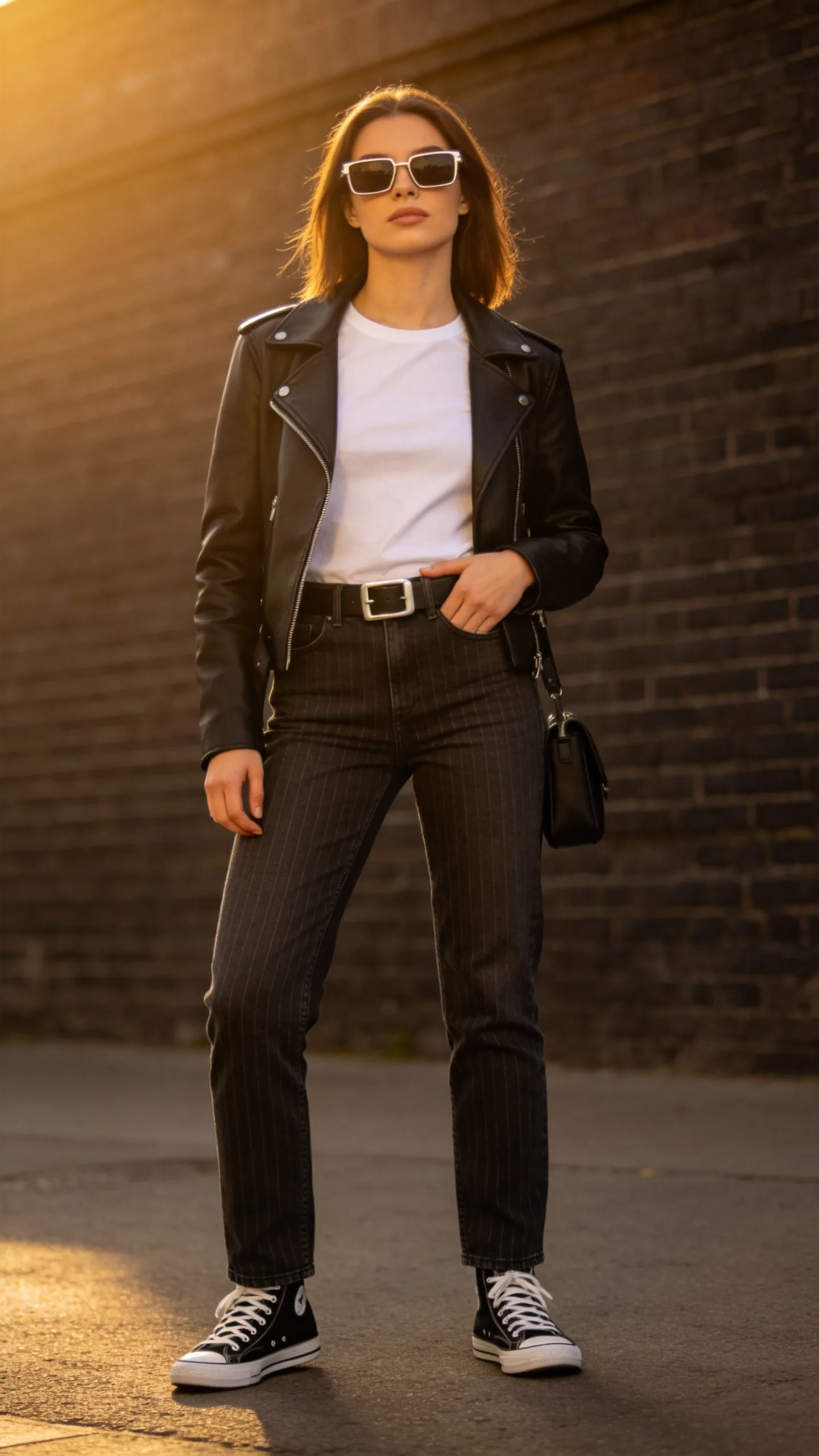 7. Pinstriped Jeans With a Leather Moto Jacket