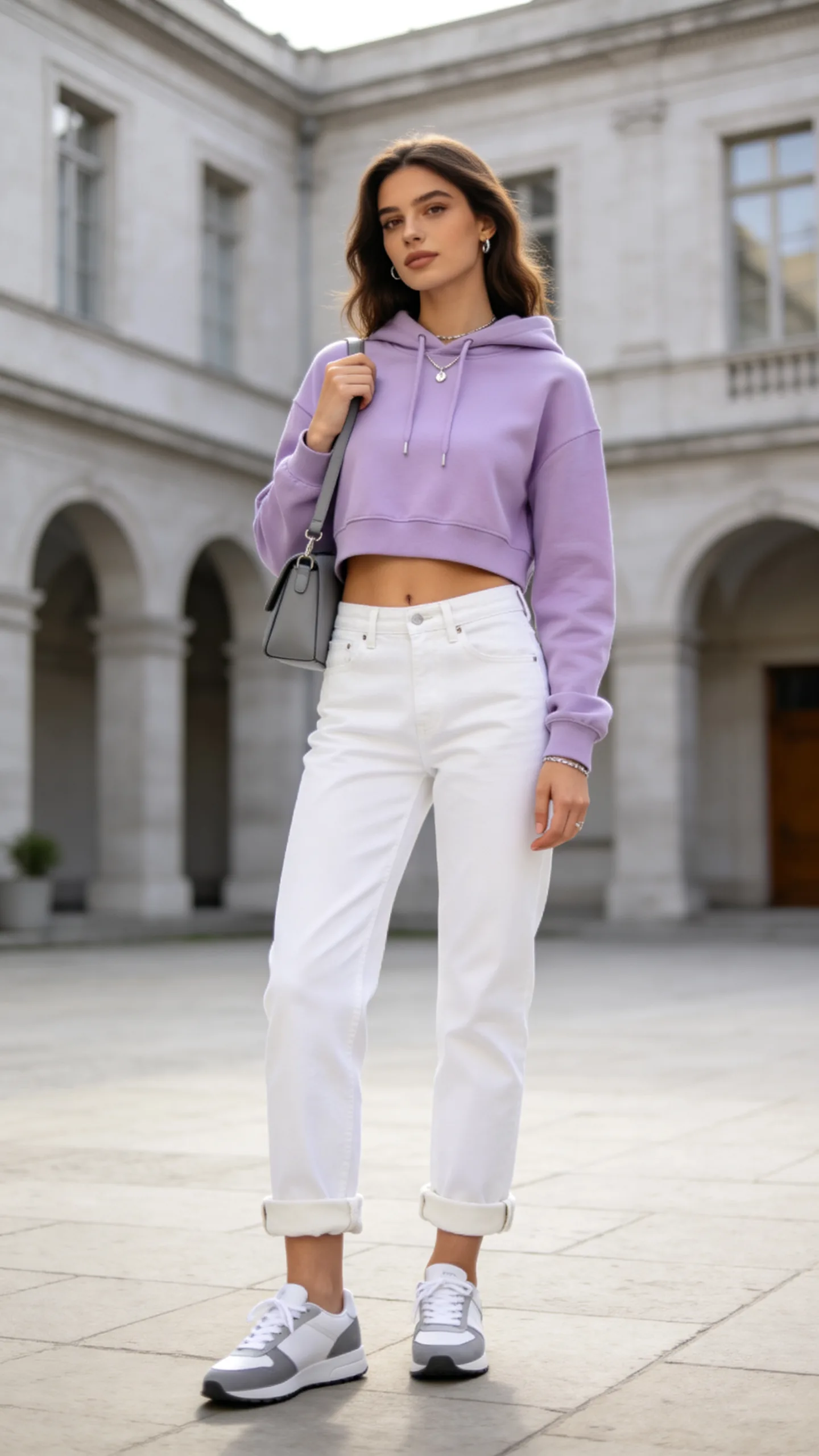 7. White Stacked Jeans With a Pastel Hoodie