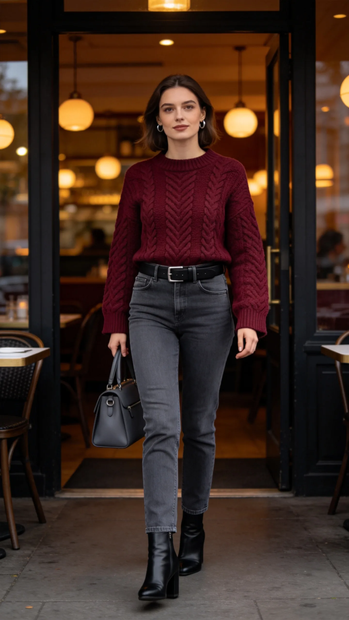 8. Gray Jeans With a Burgundy Sweater and Black Boots