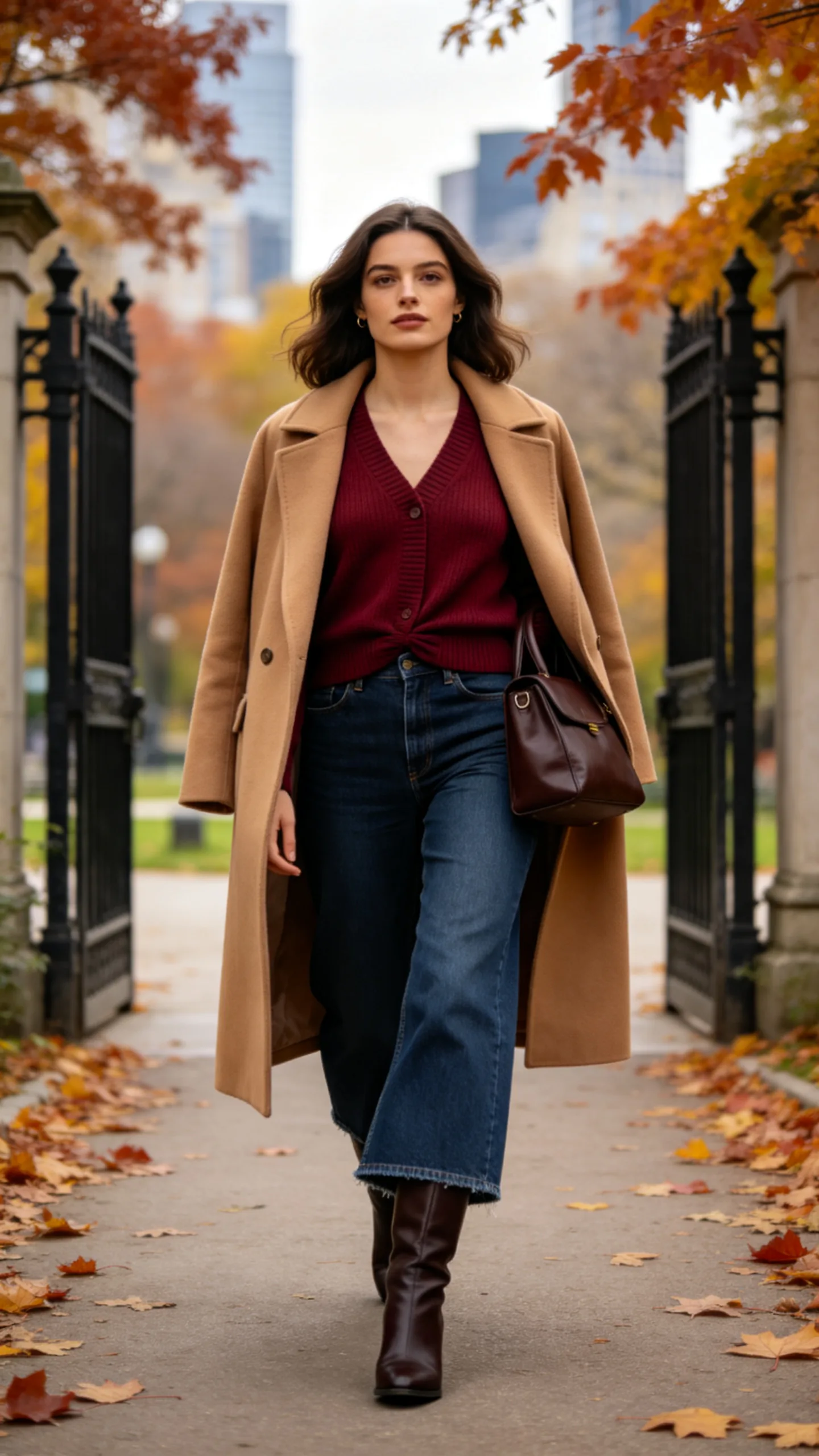 8. Indigo Jeans With a Burgundy Sweater and Knee-High Boots